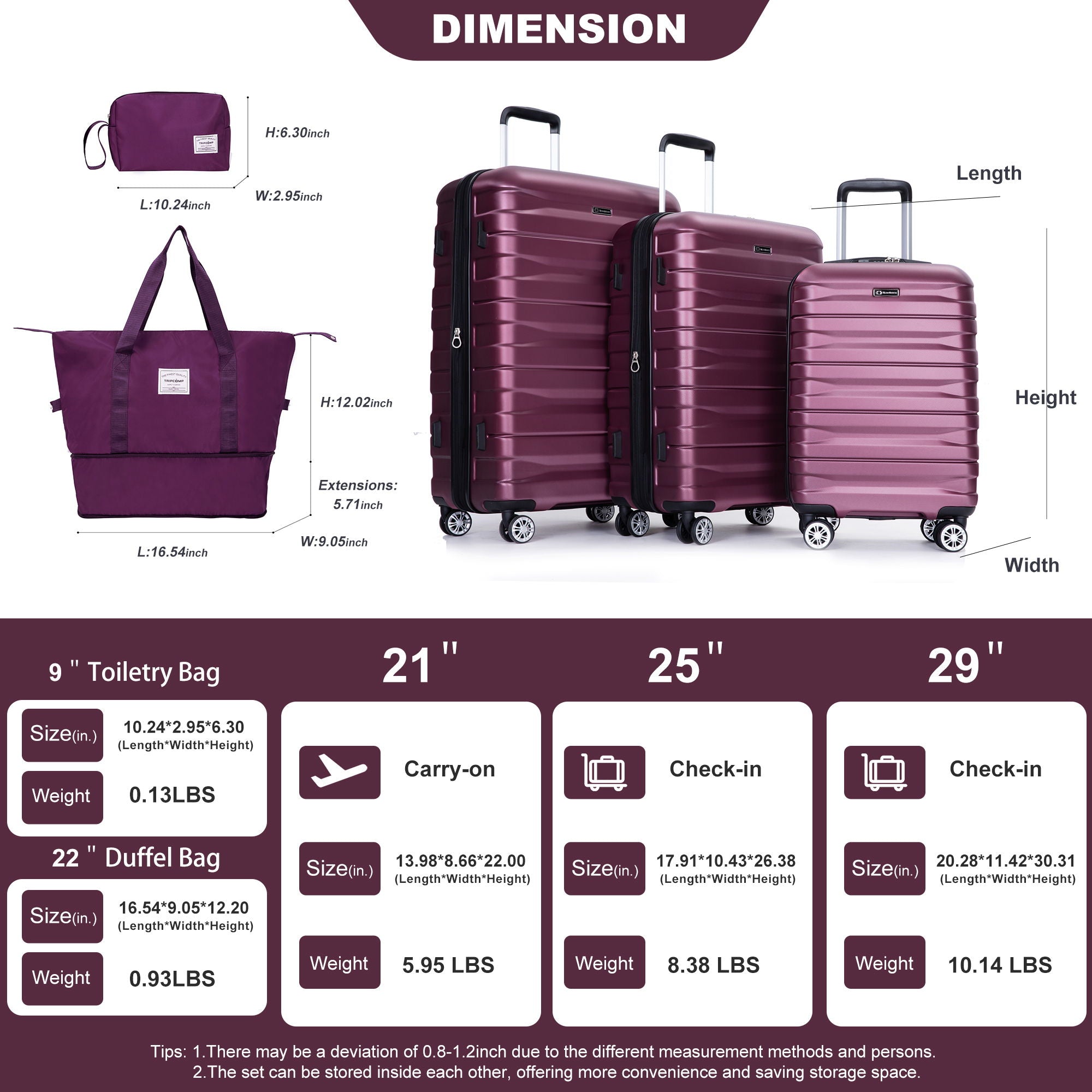 Luggage Set Of 5 Pieces, Expandable Hard Pc Luggage Set With Tsa Lock For Rotating Wheels