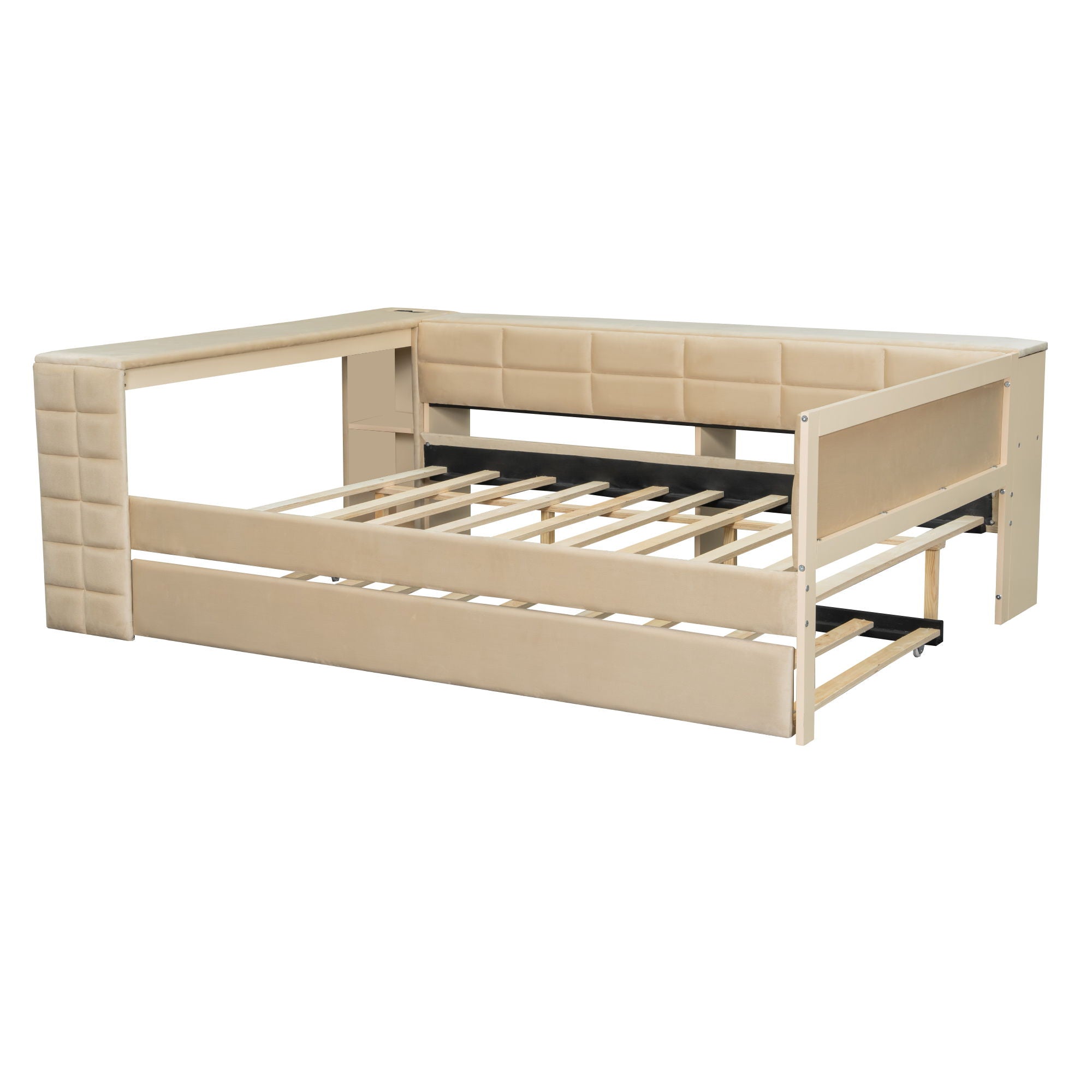 Upholstered Platform Bed With Storage Shelves, Desk, Charging Station And Trundle