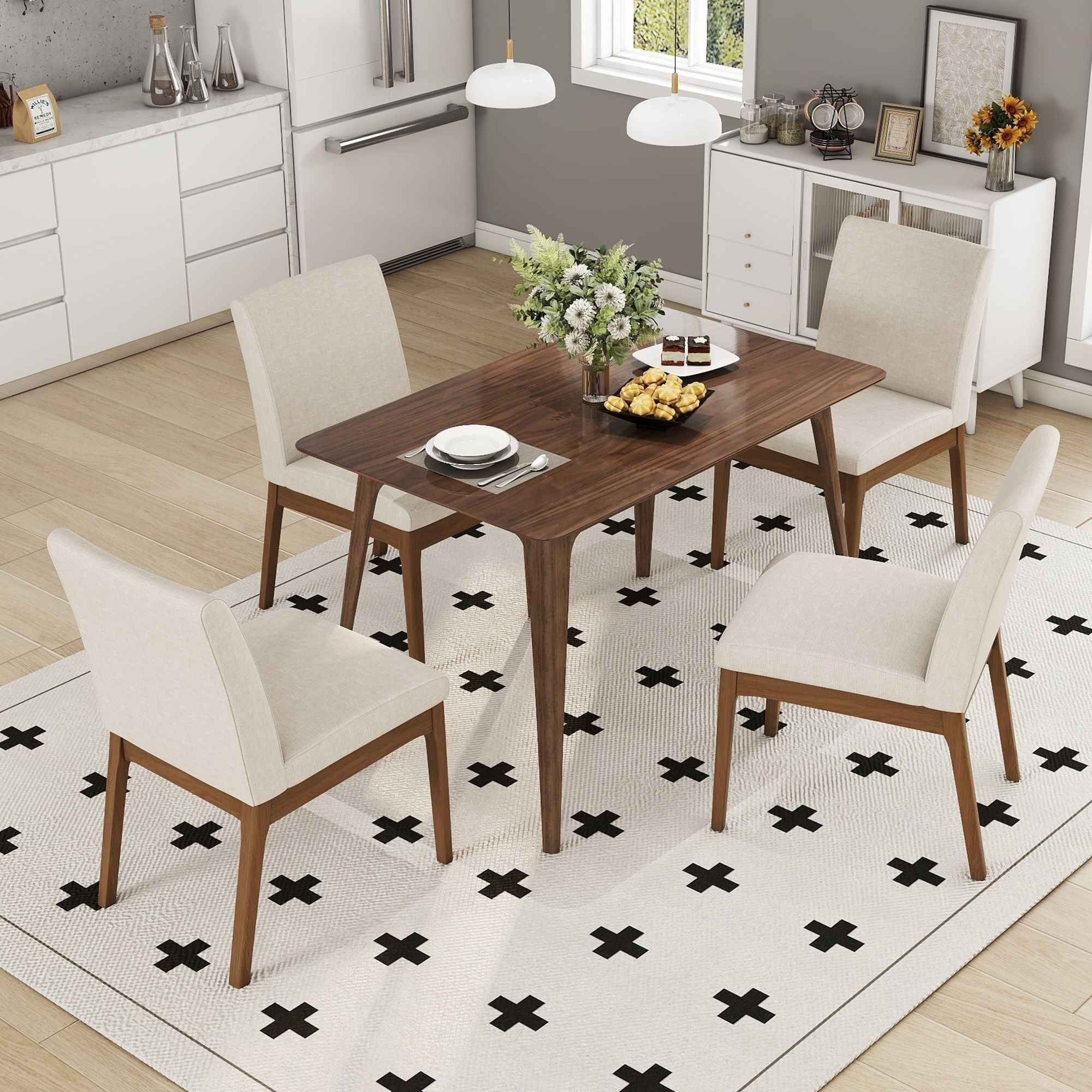 5 Piece Dining Set With 4 Upholstered Chairs - Light Beige / Walnut