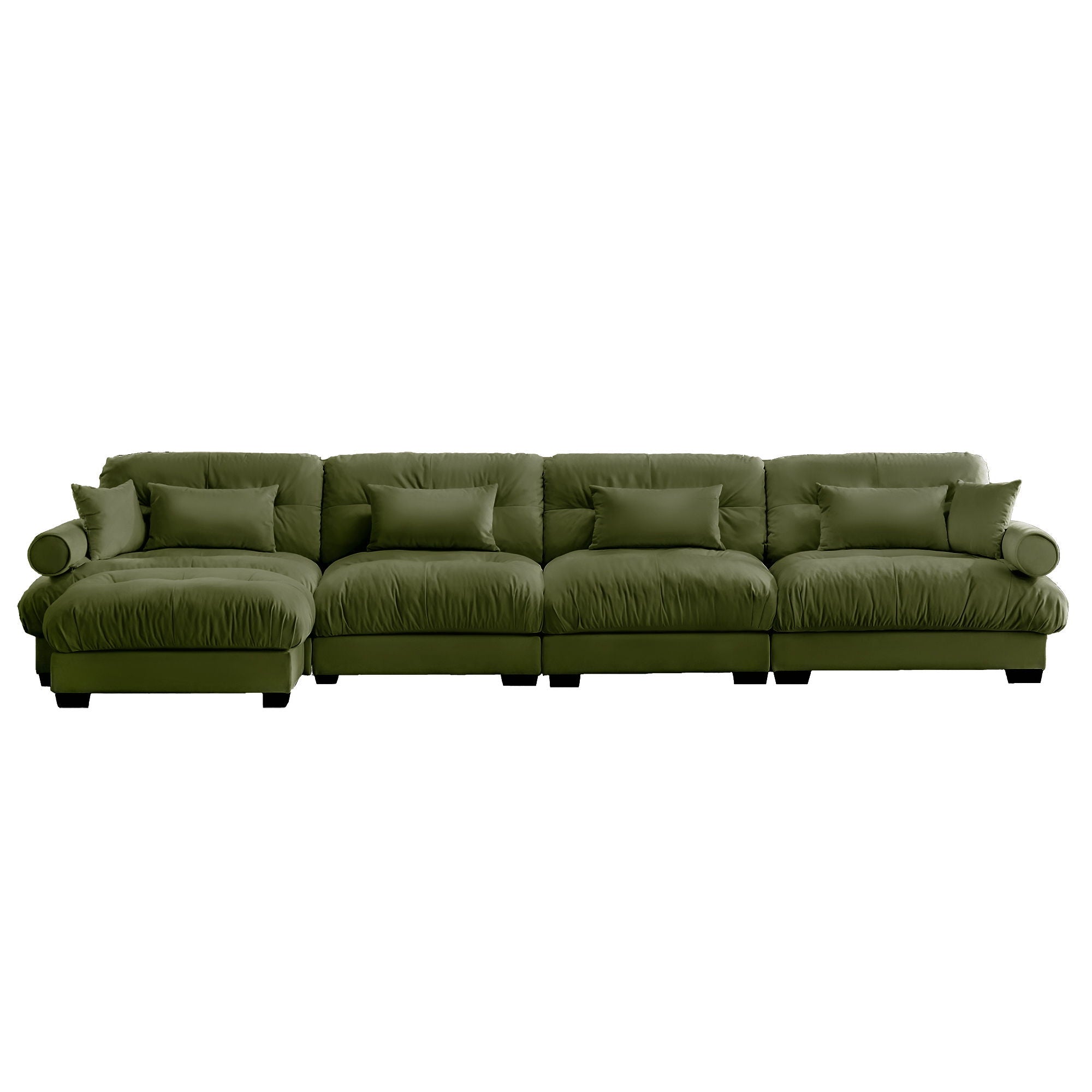 Modern Sectional Sofa With Ottoman, Round Bolster Armrests, Waist And Throw Pillows
