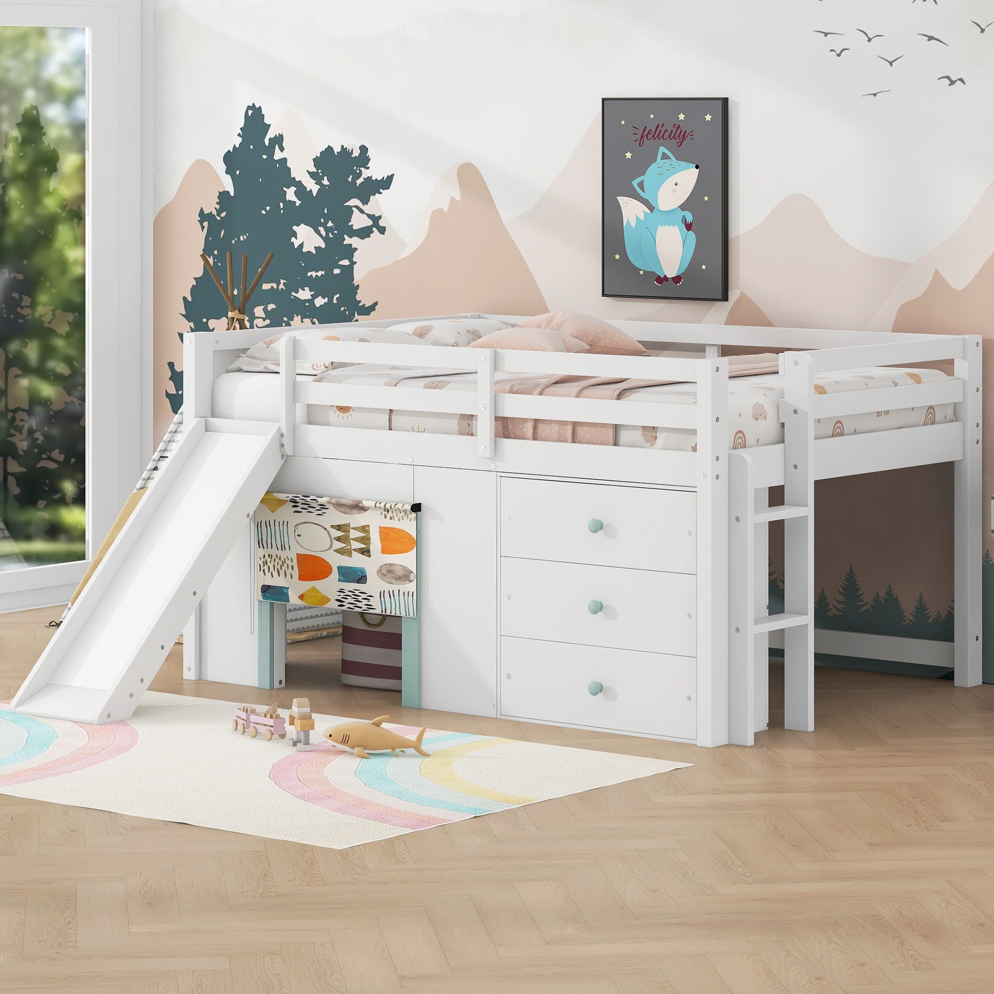 Modern Low Loft Bed With Slide, 3 Storage Drawers, And 2 Doors