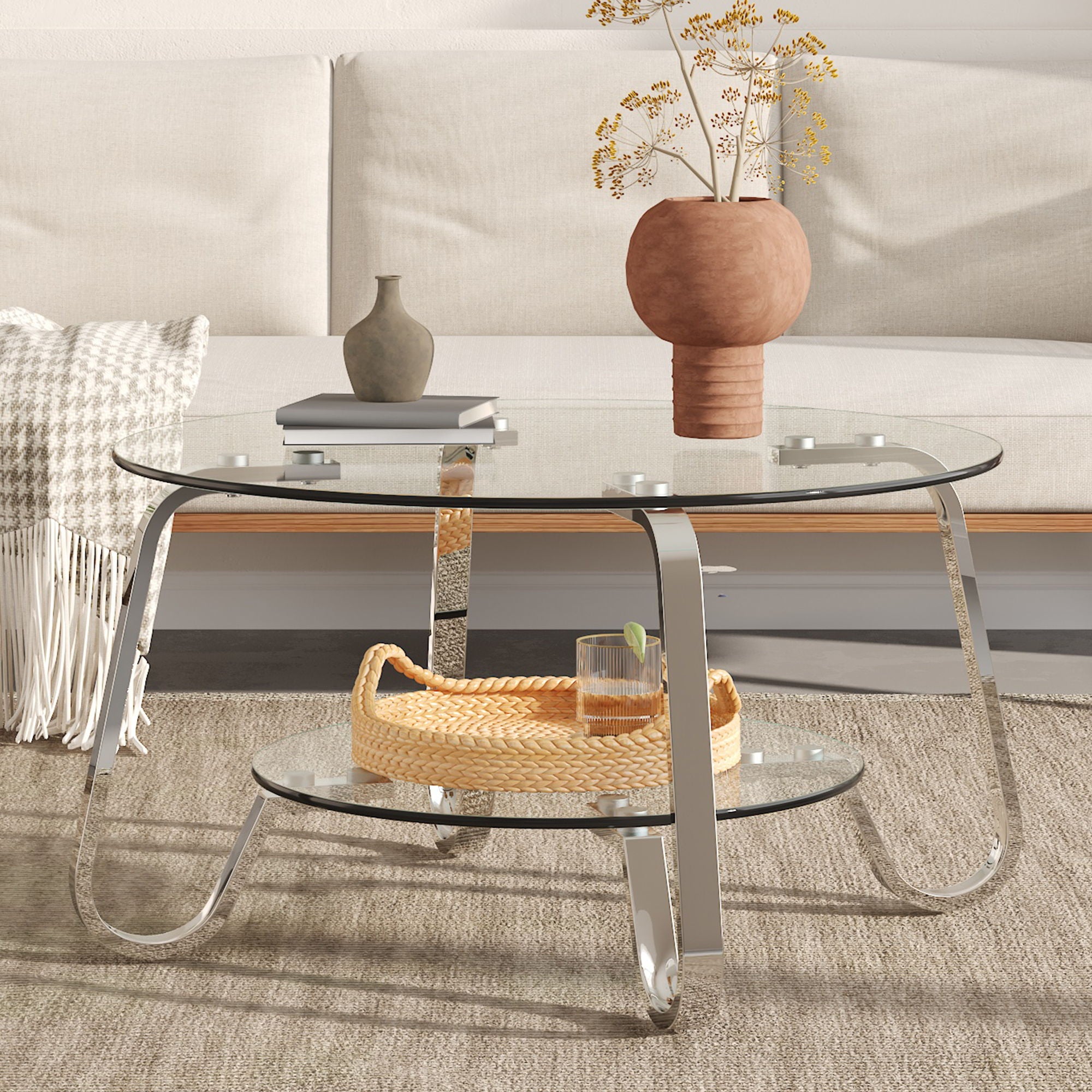 Retro Minimalist Style Metal Frame Double Layer Tempered Glass Coffee Table