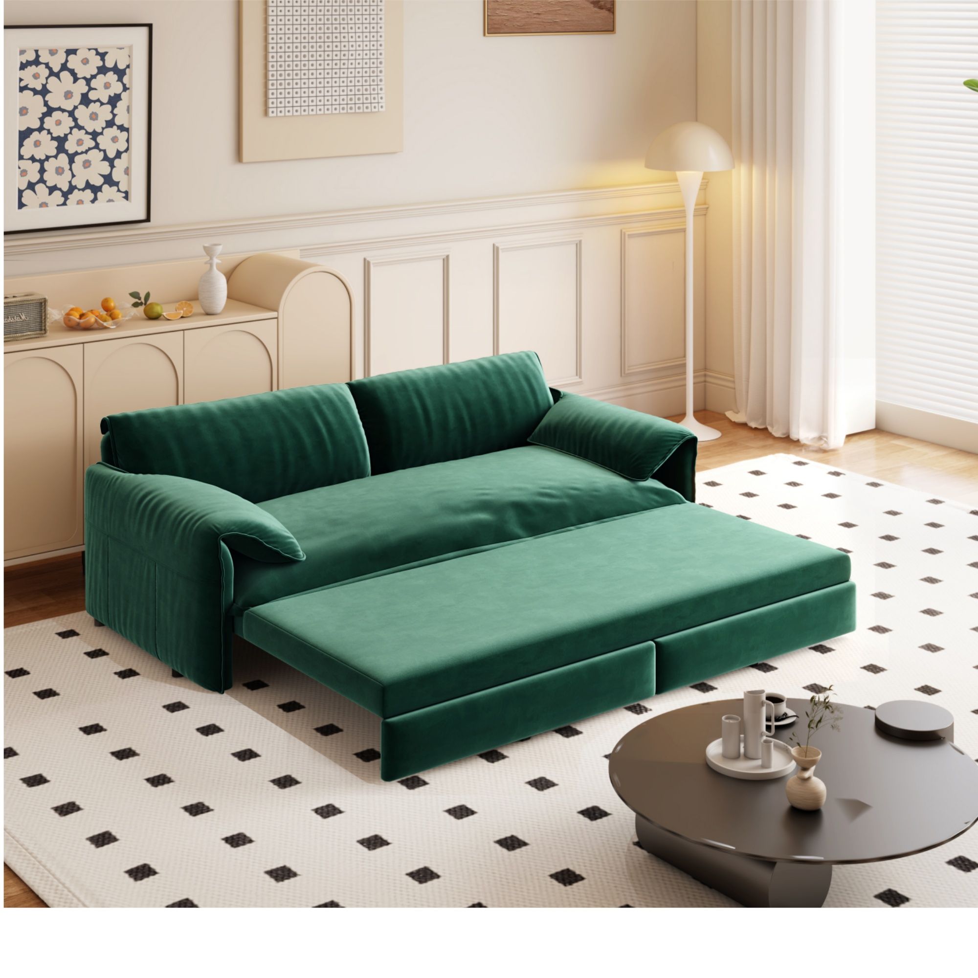Queen Pull Out Sofa Bed, 3 In 1 Convertible Sleeper Sofa With Side Storage For Living Room - Green