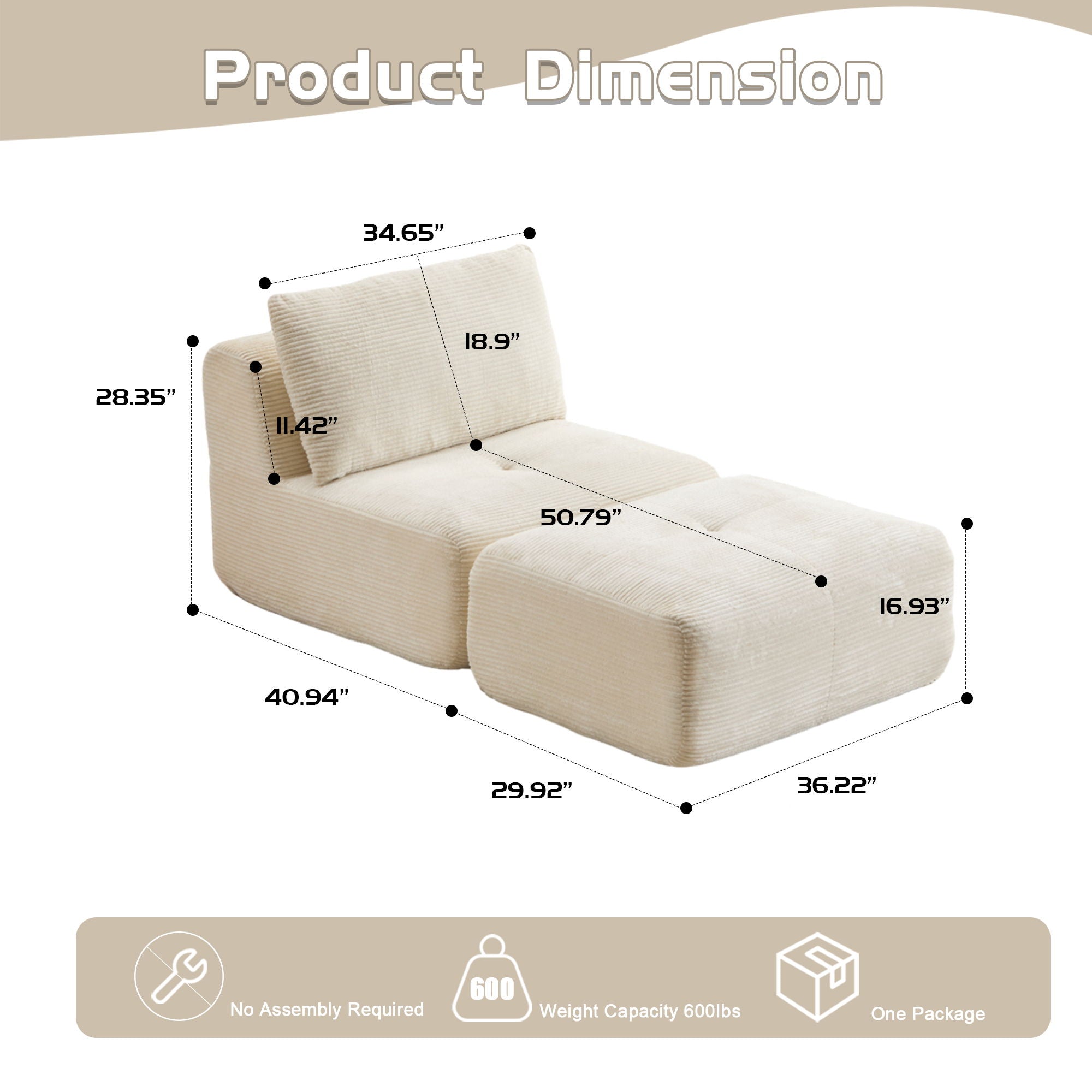 Compressed Sofa, Single Chaise Longue, Movable Ottoman For Living Room - Beige
