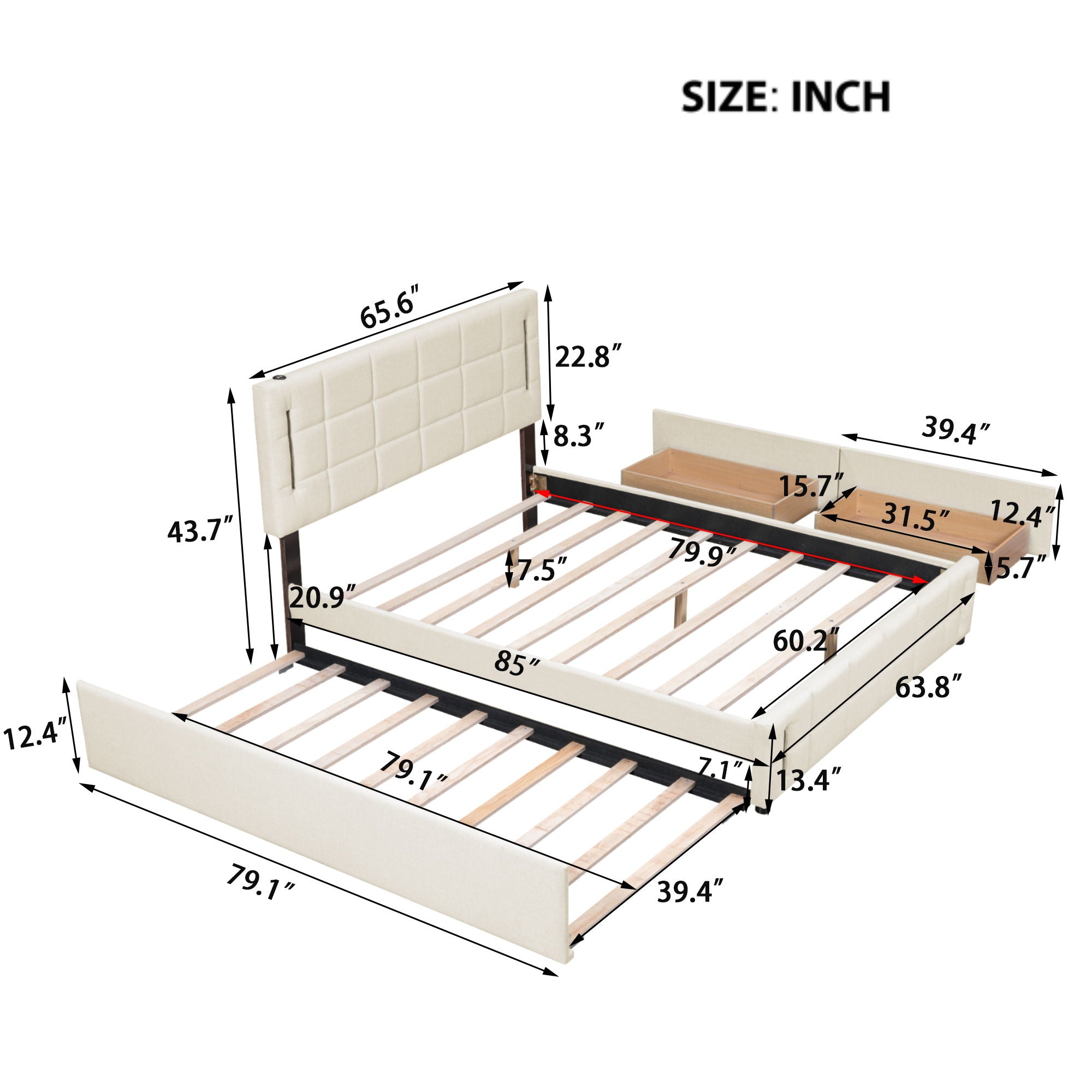 Upholstered Platform Bed With Trundle & Drawers