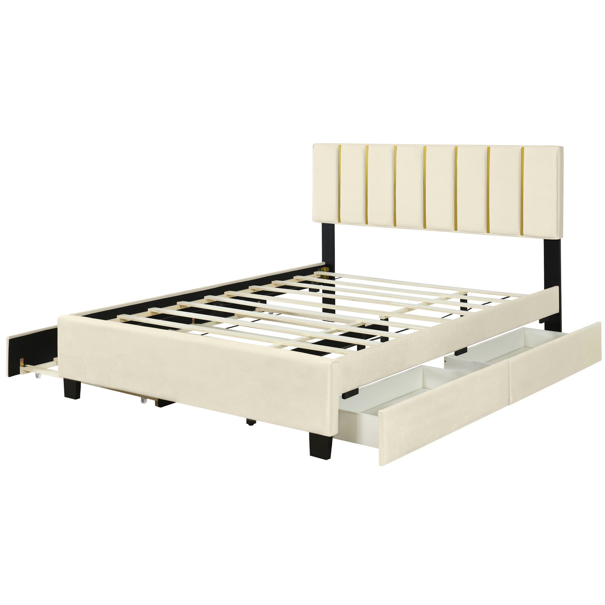 Upholstered Platform Bed With 2 Drawers And 1 Trundle, Classic Strip Headboard Design