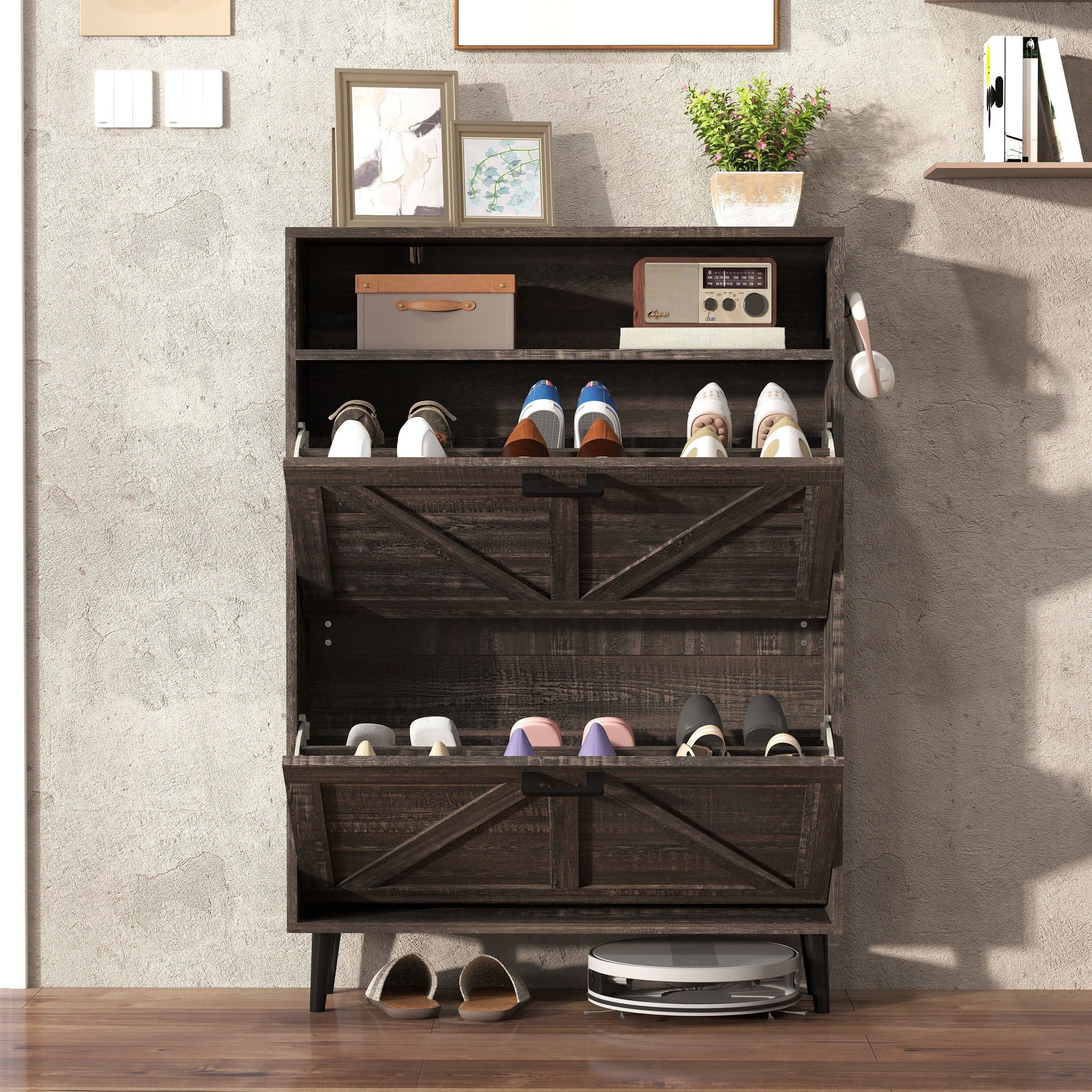 Farmhouse Shoe Storage Cabinet With Barn Door Design, 2 Flip Drawers, Hooks - Dark Oak