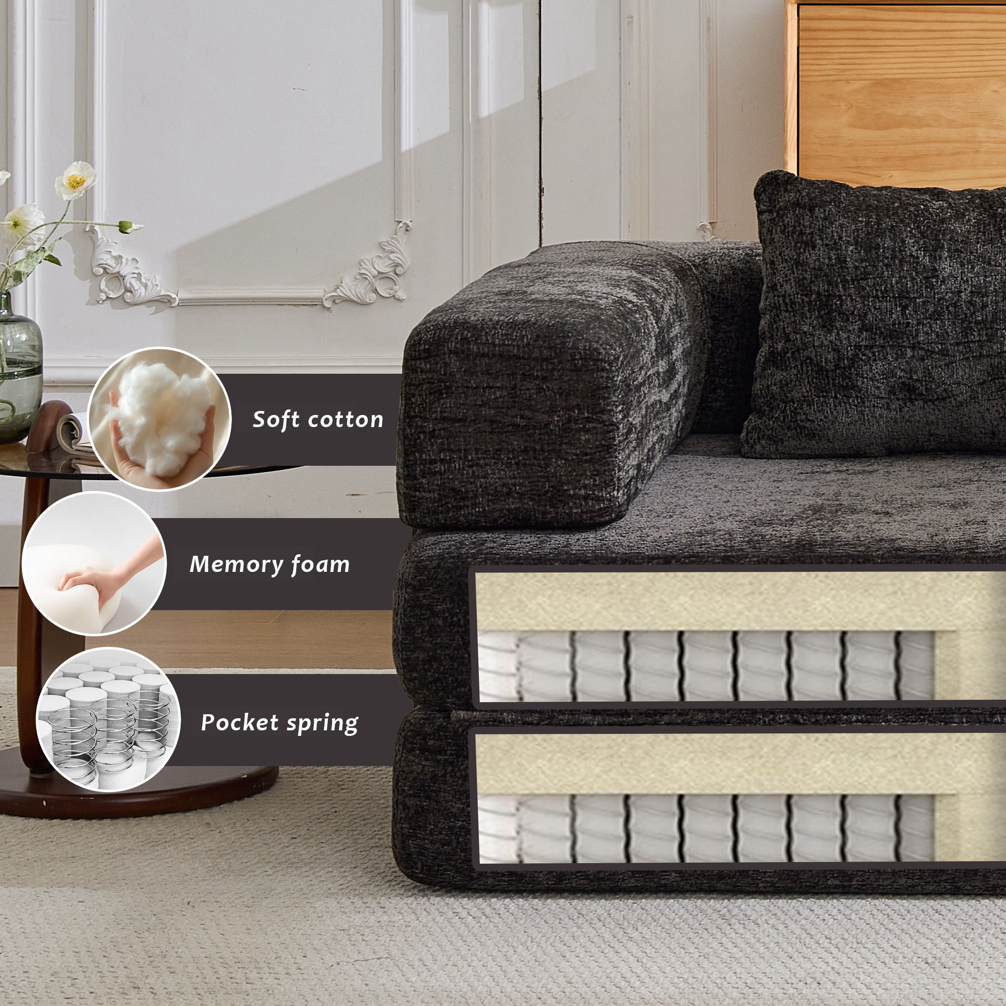 Convertible Floor Sofa Bed With Fixed Shape Frame, Loveseats Boneless Modular Sectional, For Living Room - Black