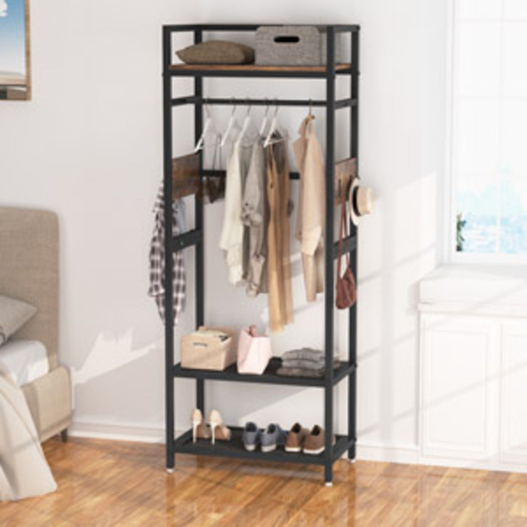 Rack With Hanging Rod, 4 Hooks, Heavy Duty Freestanding Closet Organizer - Brown / Black