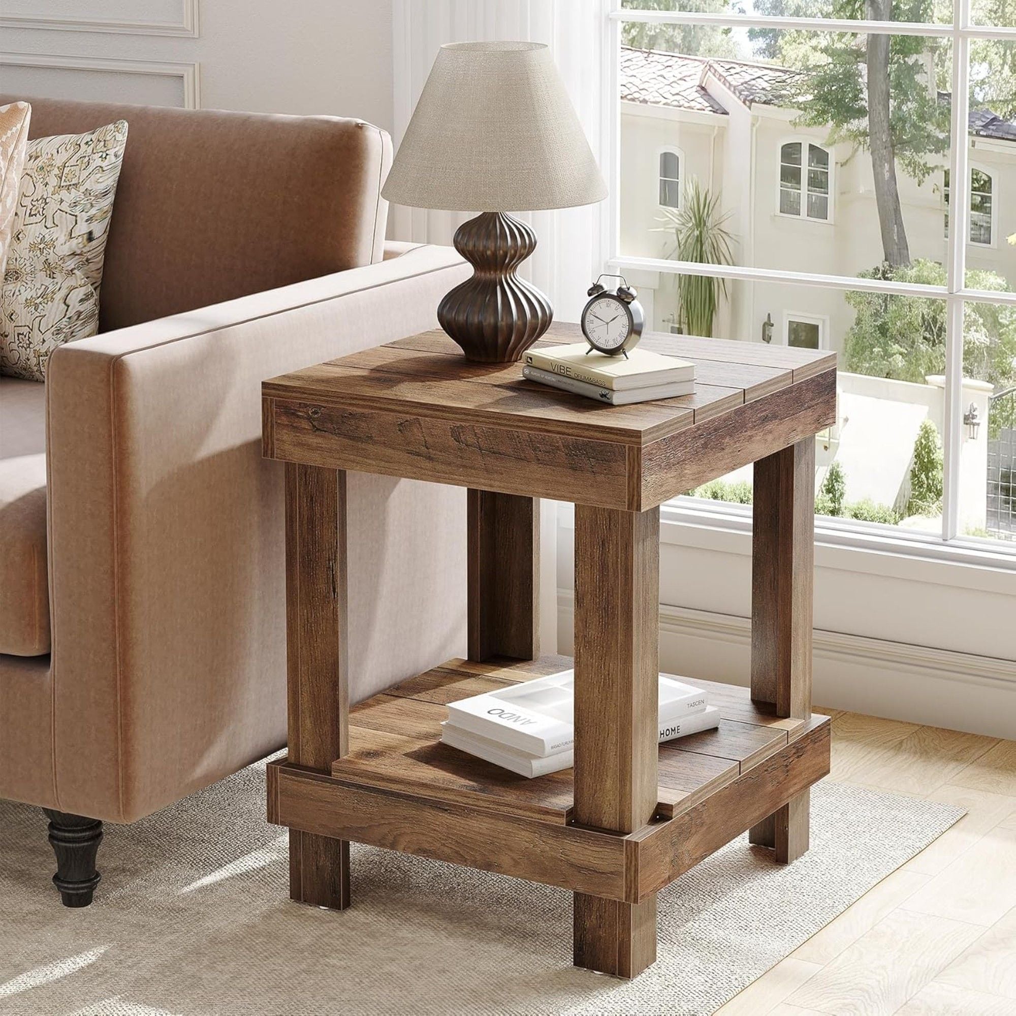 2 Tier End Table With Open Shelves, Compact Square Side Table For Living Room - Natural Wood