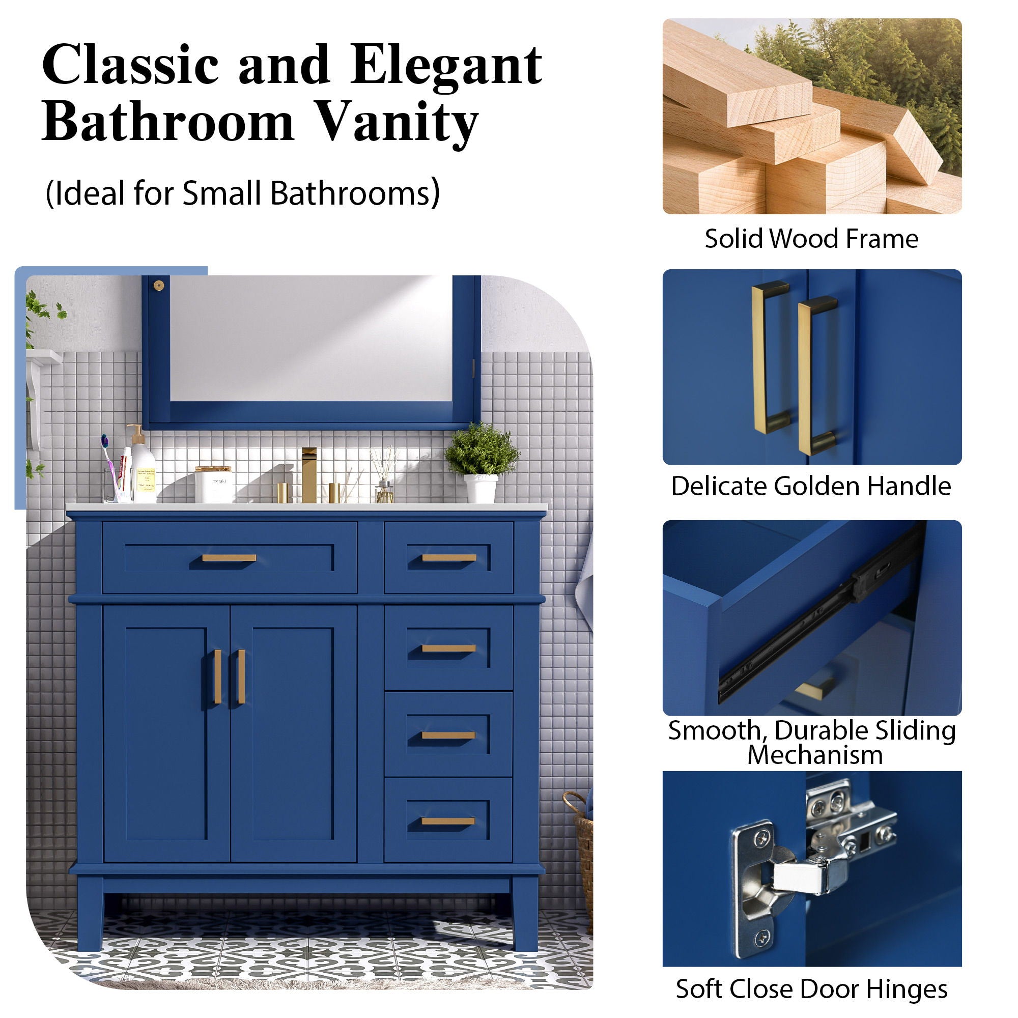 Bathroom Vanity With Sink, Soft Close Doors, Construction - Blue