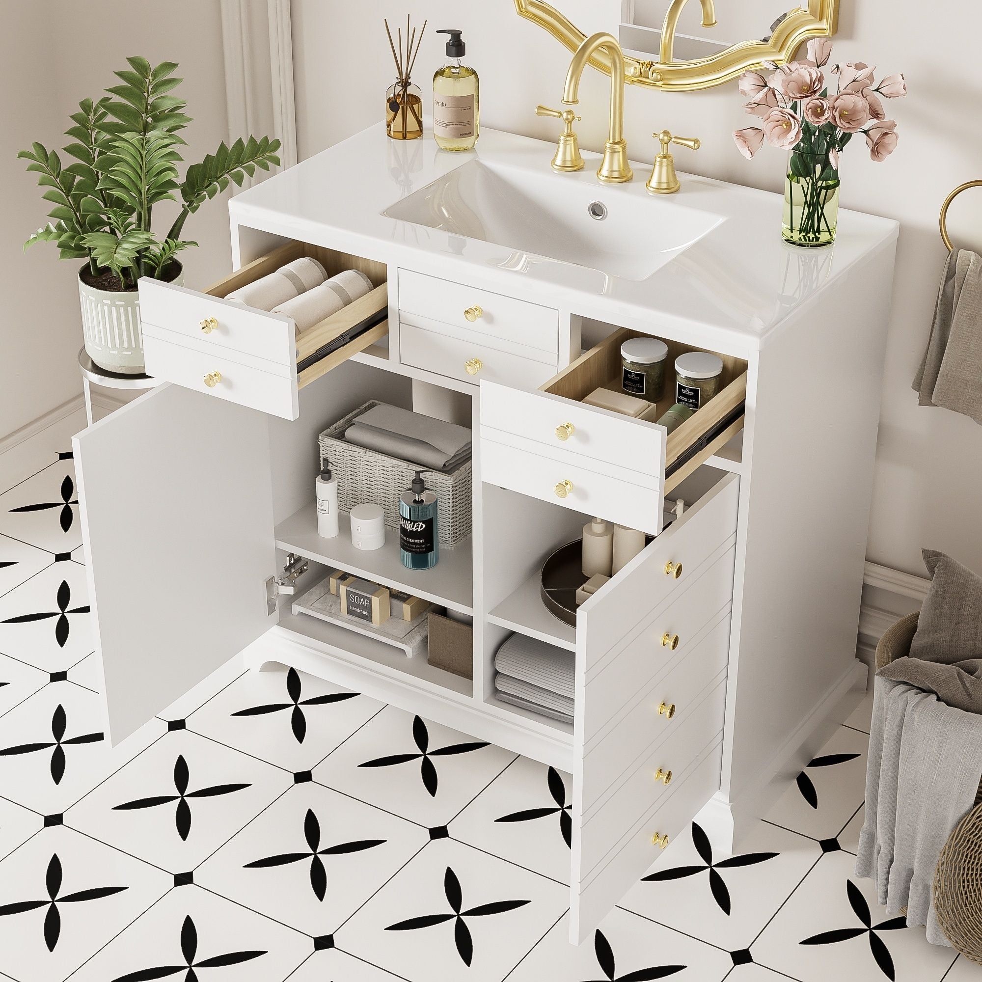 Retro Bathroom Vanity With Sink, Storage Cabinet, Freestanding With 2 Drawers & Soft-Closing Doors