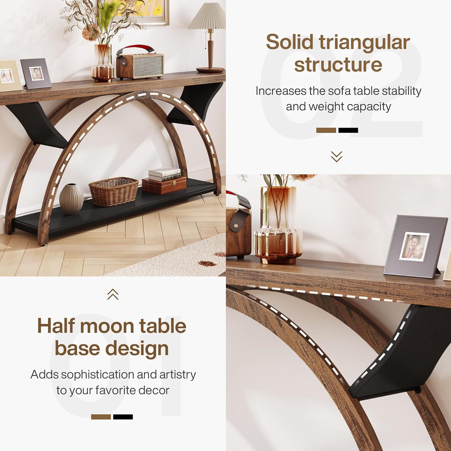 Console Table With 2 Tier Storage And Half Moon Frame For Hallway - Brown / Black