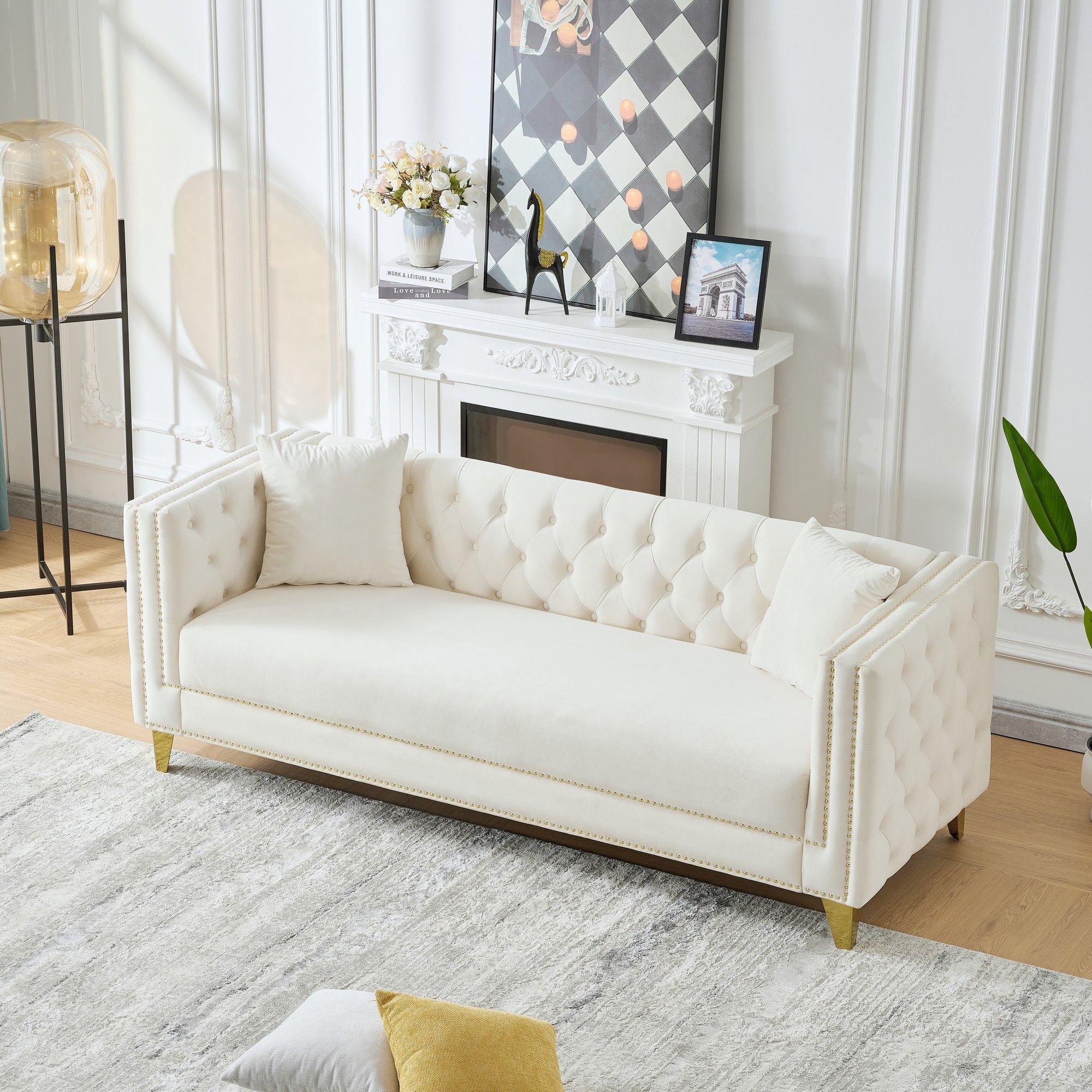 3 Seater Deep Seat Sofa, Sofa With Button Nailhead, Square Arm Couches, Furniture For Living Room - Beige