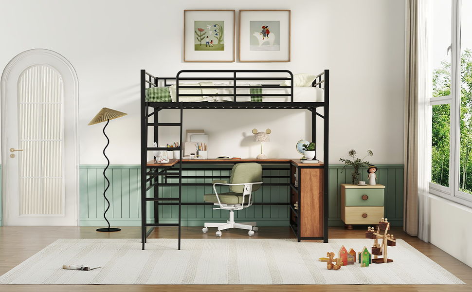 Loft Bed & 3 Layers Of Shelves And L-Shaped Desk