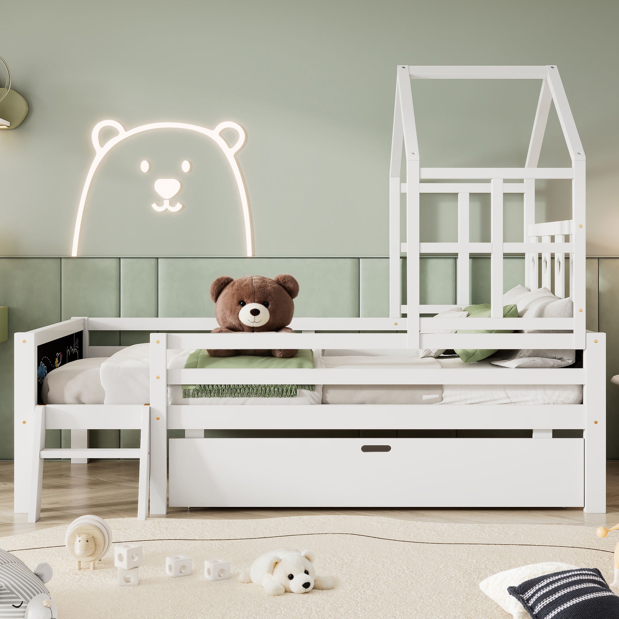 House Bed With Ladder And Storage Drawers Platform With Blackboard, No Box Spring