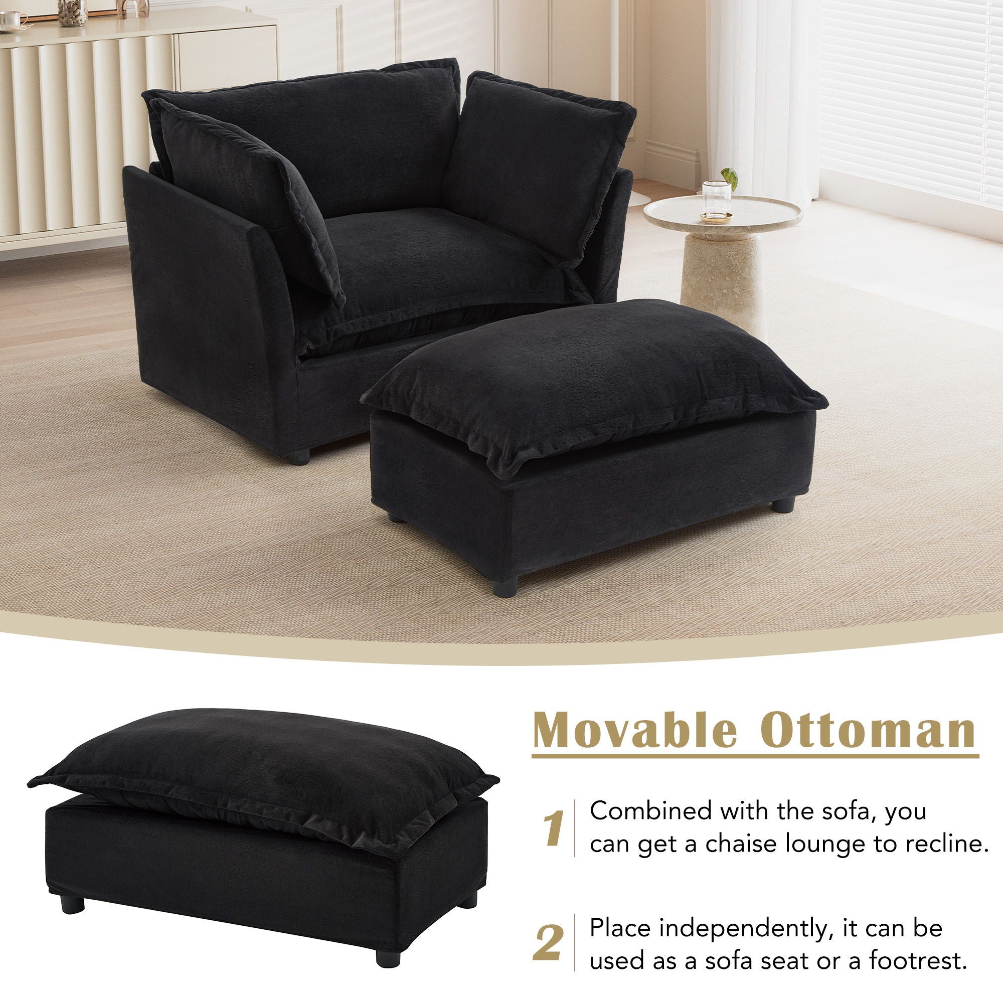 Modern Cozy Upholstered Armchair Sofa With Movable Ottoman