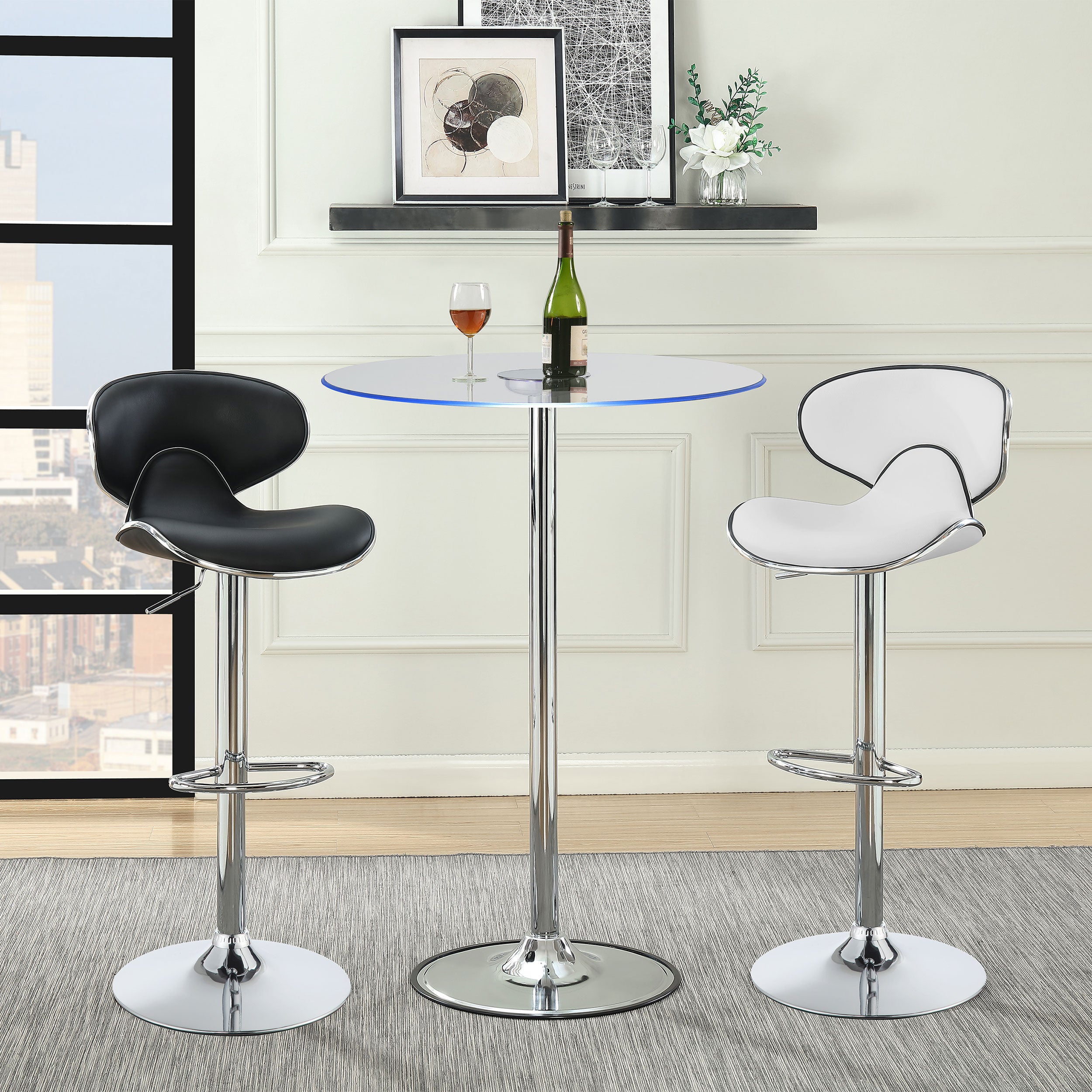 Thea Round 28-inch Glass Top LED Bistro Bar Table Chrome-CoasterEssence