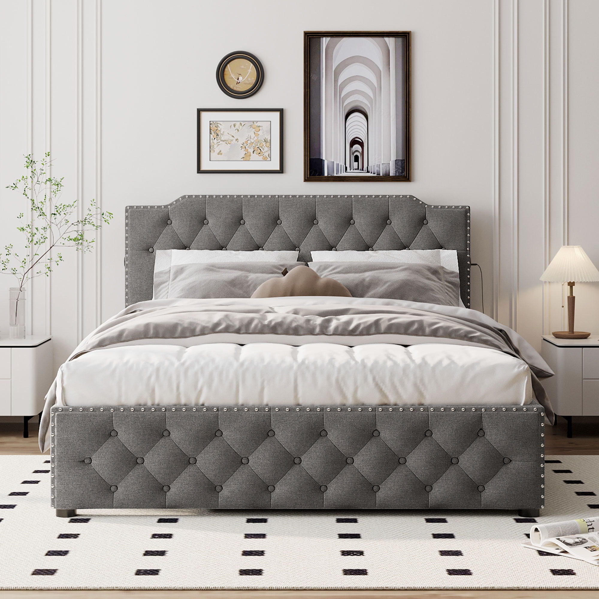 Upholstered Platform Bed With Trundle And 2 Sets Of USB Ports On Each Side, Linen Fabric