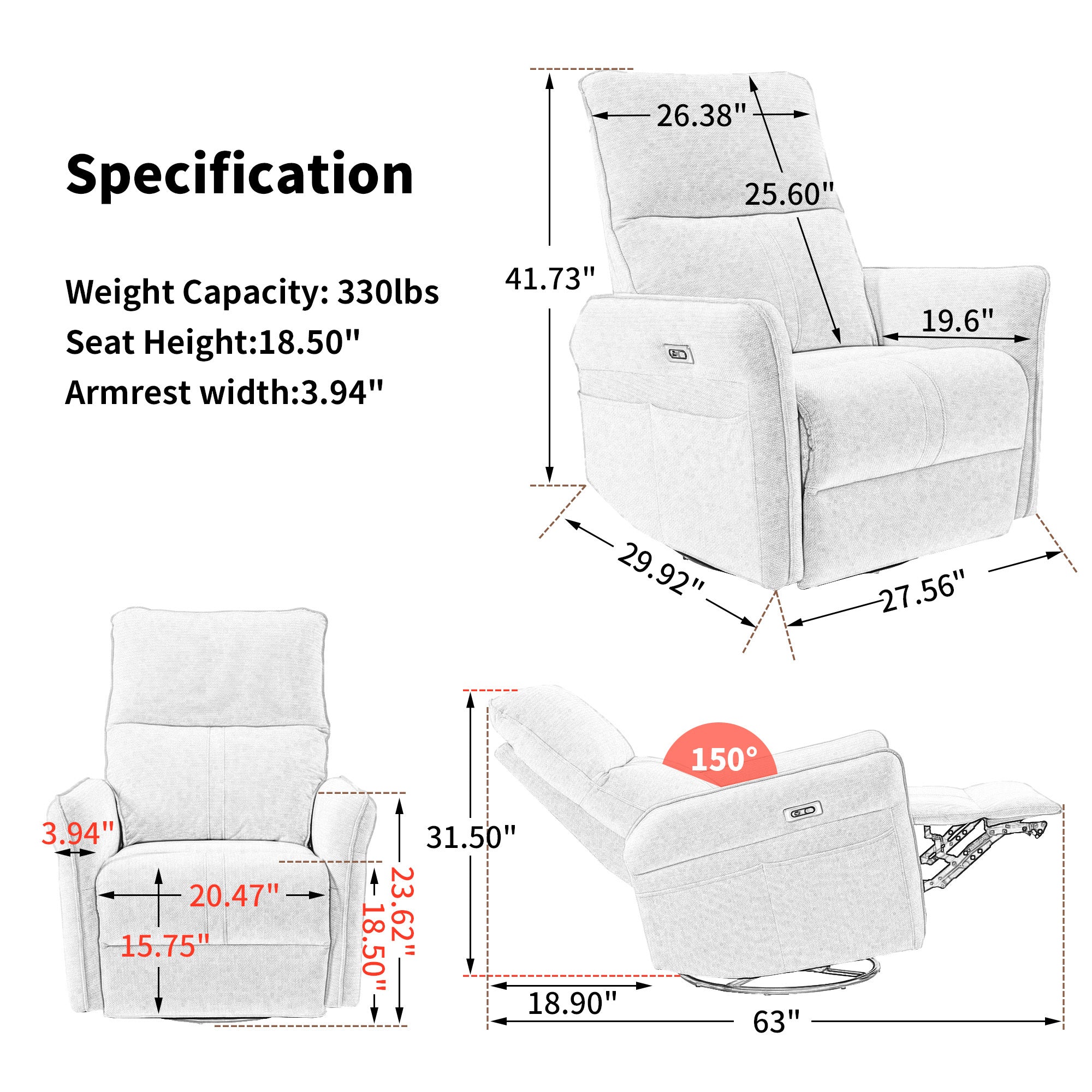 Power Swivel Rocker Recliner Chair for Adults, 270° Swivel Rocking Recliner Chair,Electric Small Recliners for Small Spaces, Single Sofa Recliner for Living Room, Bedroom,RV (Blue-gray+270° Swivel)