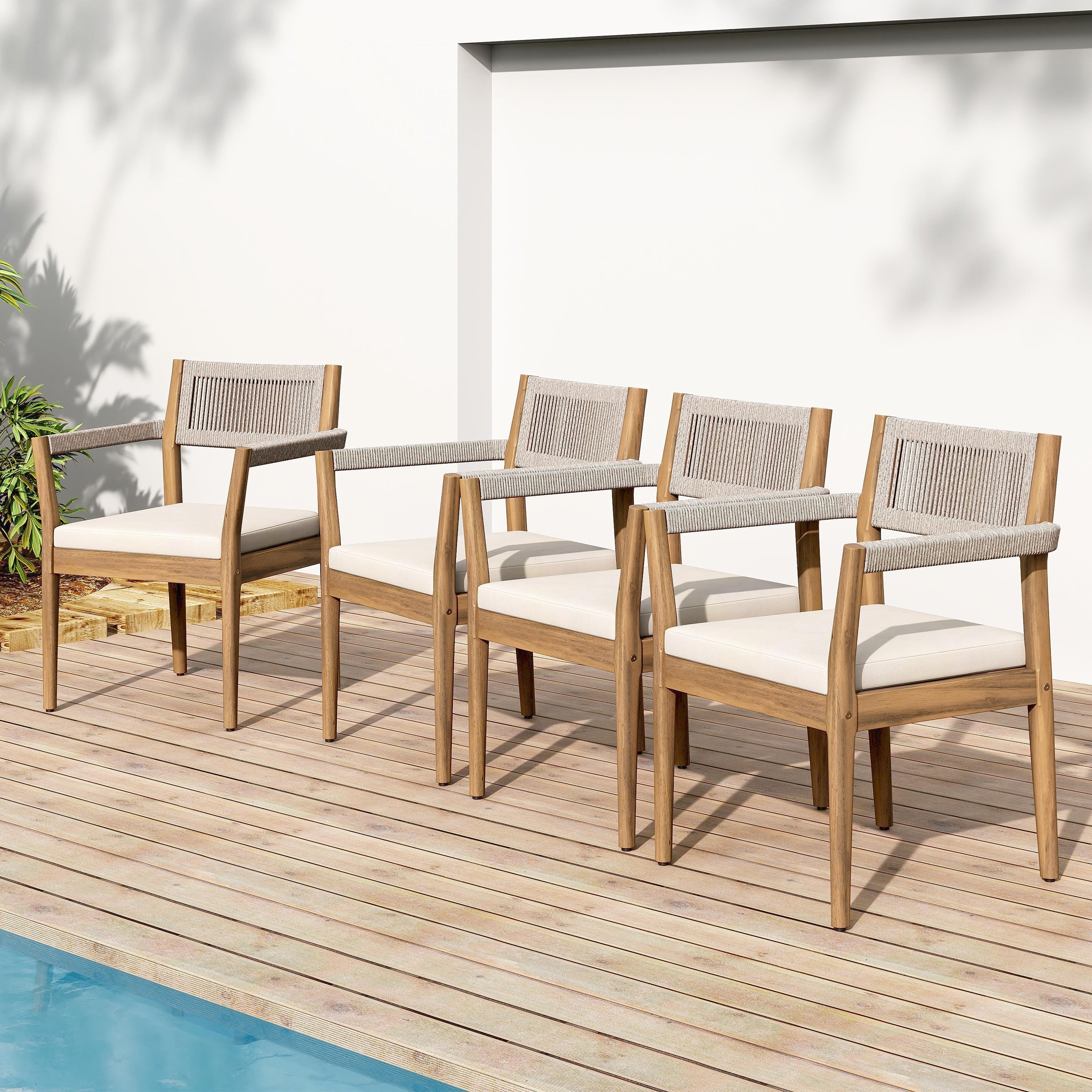Patio Set Outdoor Acacia Wood Furniture Sets - Braided Dining Chairs and Patio Dining Table