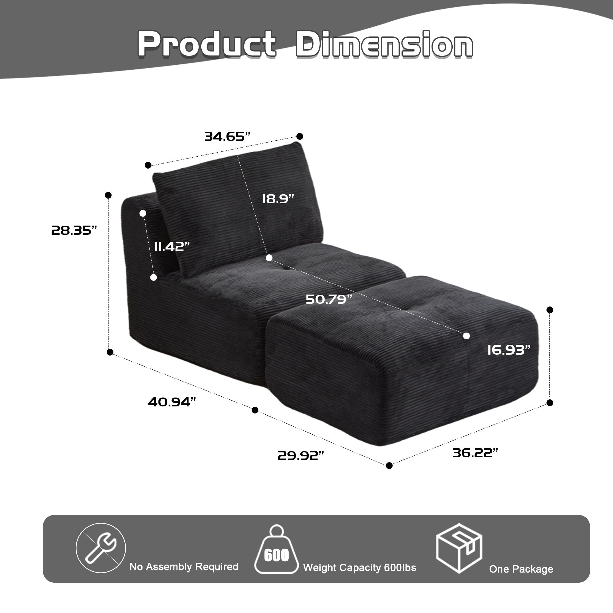 Compressed Sofa, Single Chaise Longue, Movable Ottoman For Living Room - Black