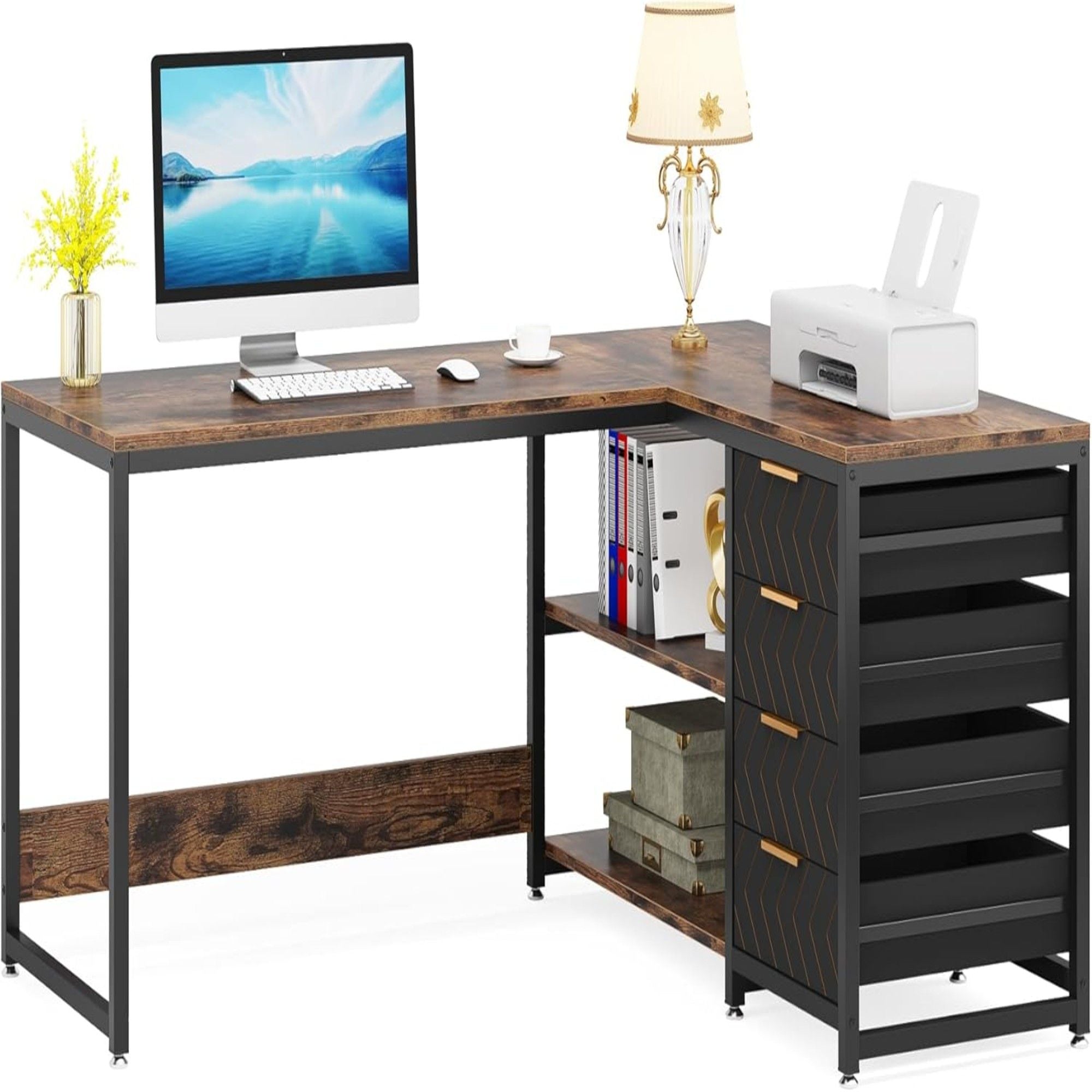 L-Shaped Computer Desk With Drawers And Shelves, Workstation For Home Office