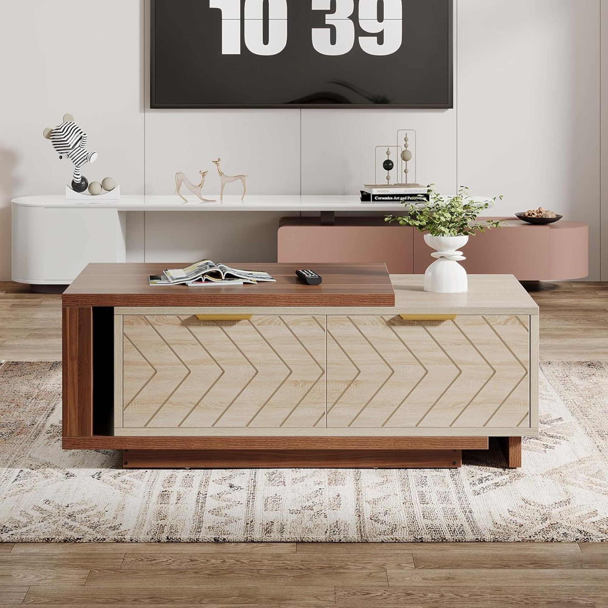 Extendable Coffee Table With 2 Storage Drawers, Dual Tone With Sliding Top, Hidden Storage - Walnut