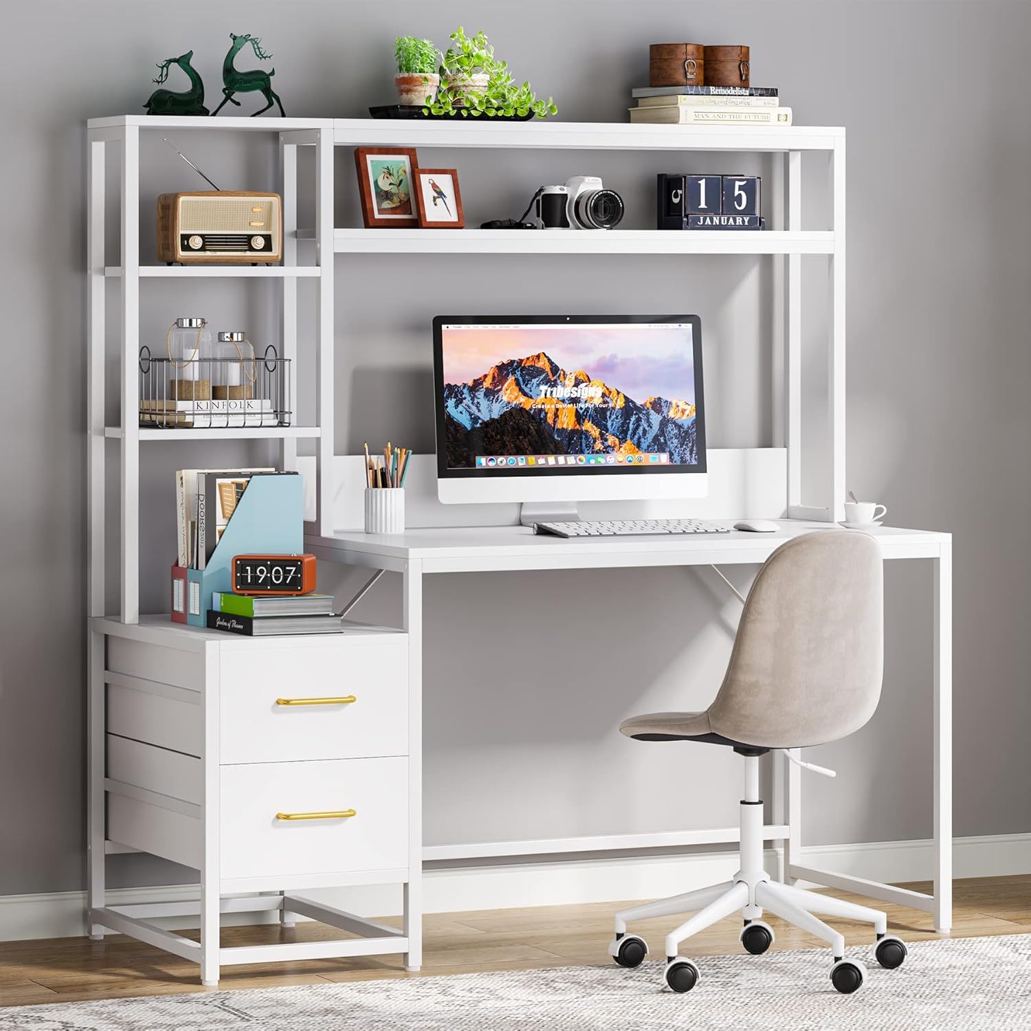Computer Desk With Hutch, 2 Drawers & Open Shelves