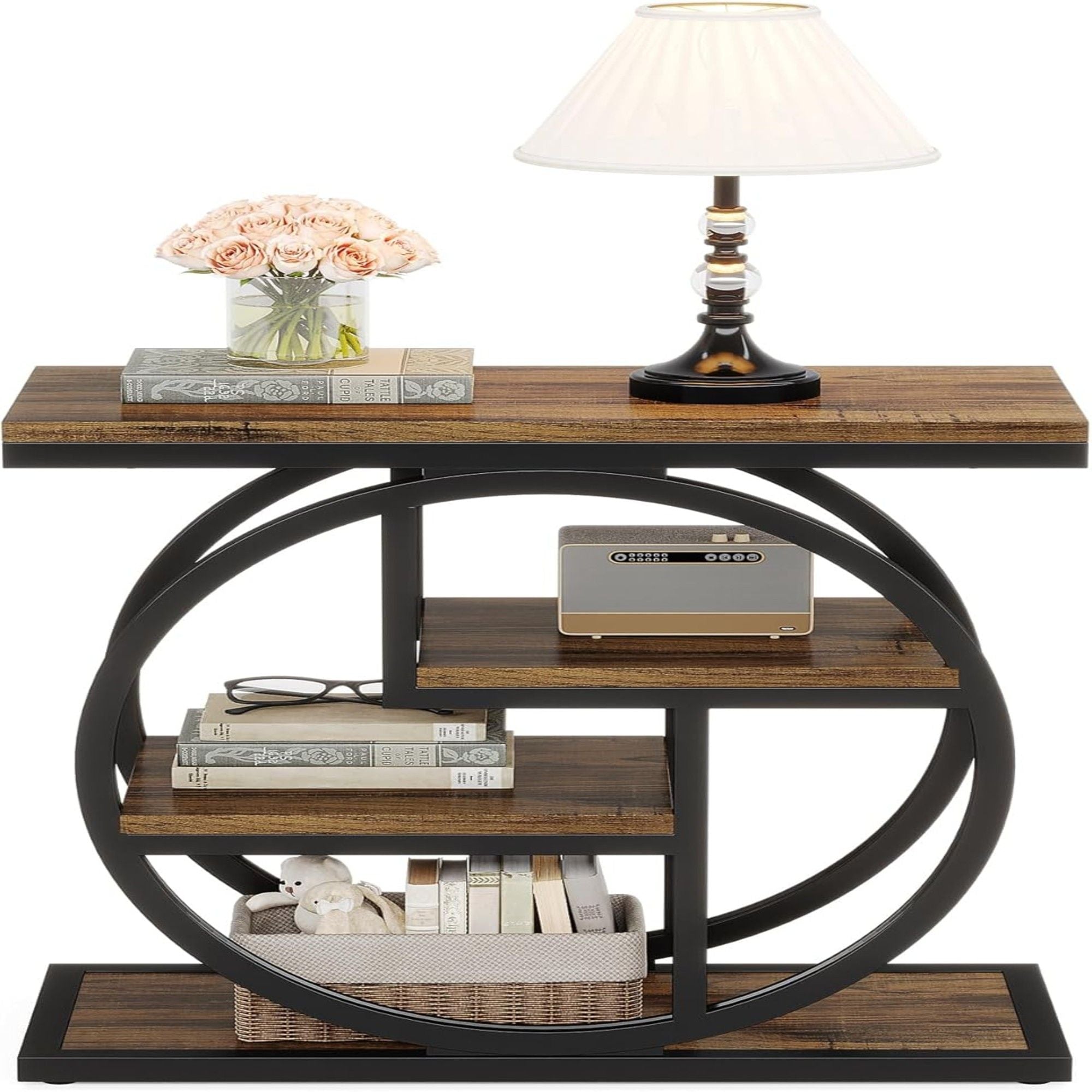 4 Tier Narrow End Table With Storage Shelves For Living Bedroom, Small Spaces - Rustic Brown