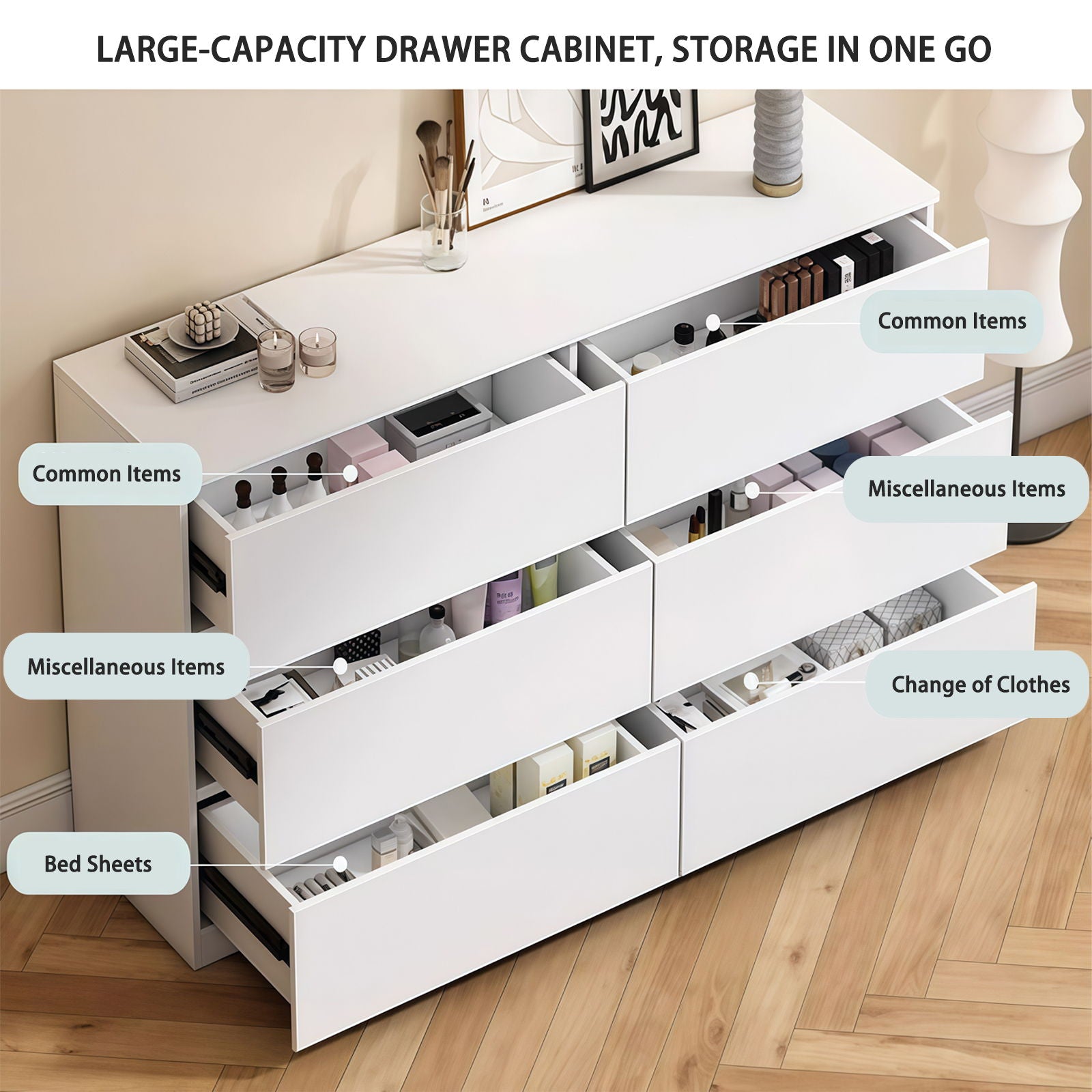 Modern 6 Drawer Dresser With Spacious Countertop And Concealed Handles, Storage Cabinet For Bedroom And Living Room - White