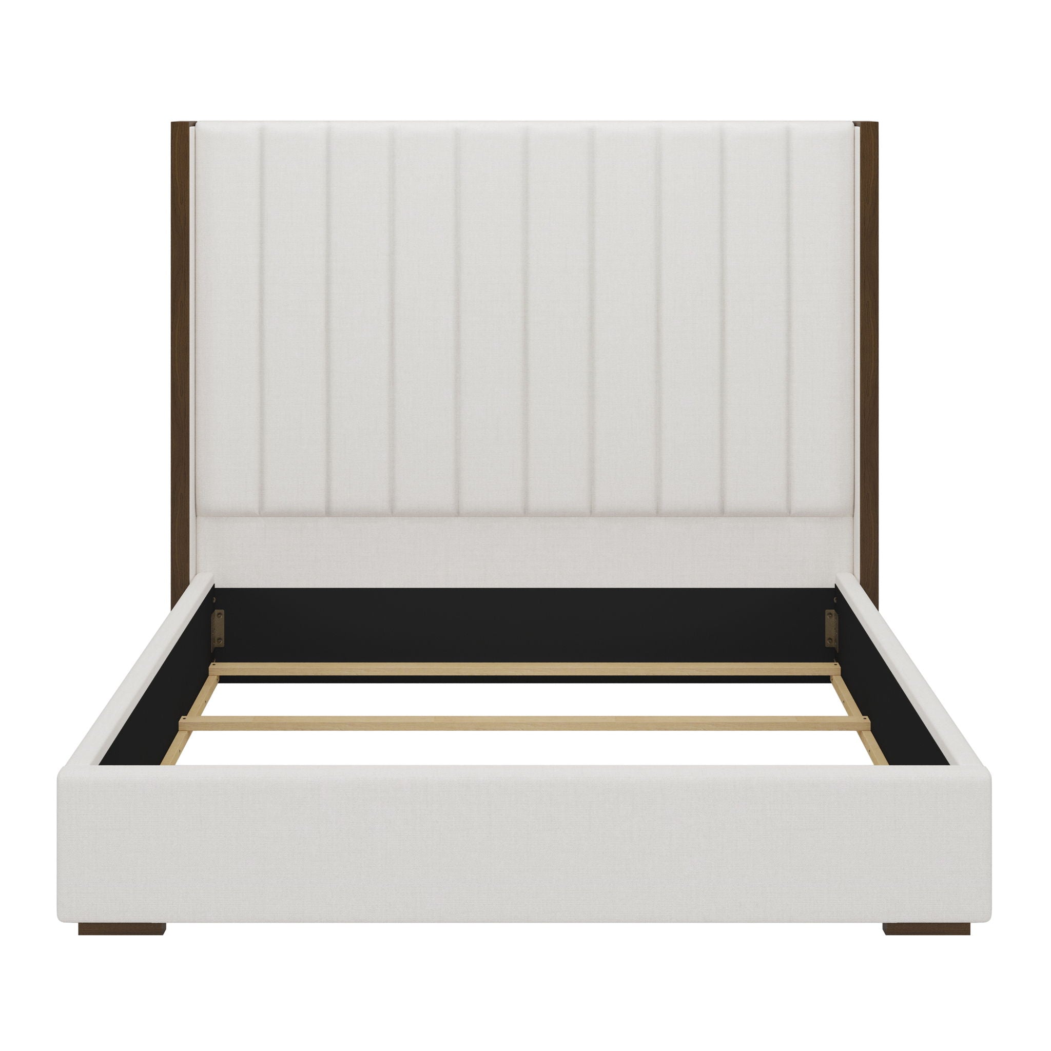 Tall Headboard Upholstered Bed With Vertical Striped And Wingback Design, Box Spring Needed