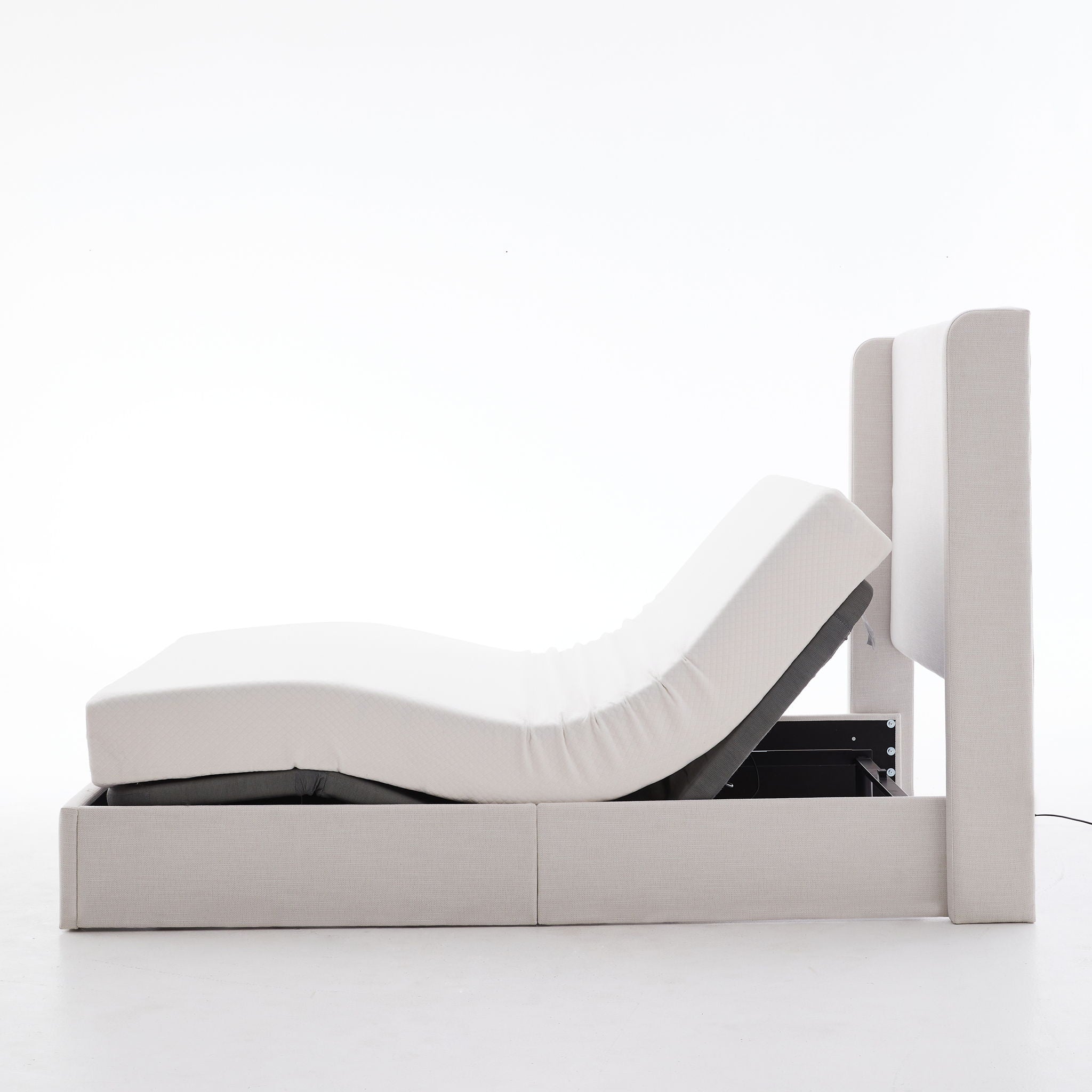 Caron - Queen Size Upholstered Wingback Bed With Adjustable Base Bundle Set - Ivory