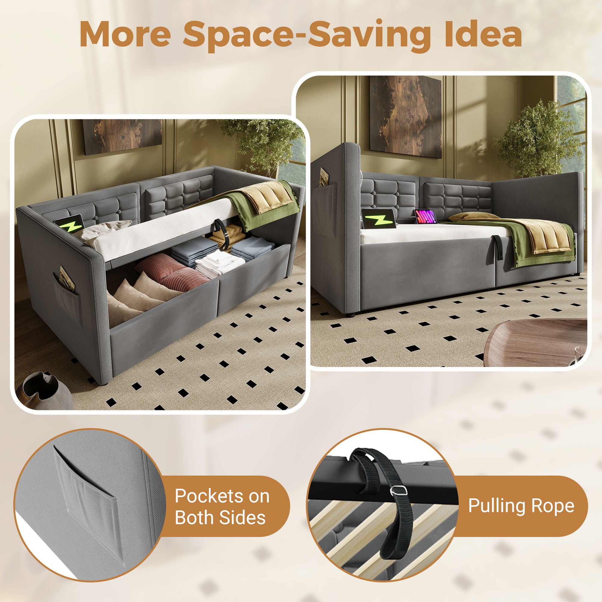 Upholstered Hydraulic Storage Daybed With USB & Type C Charging