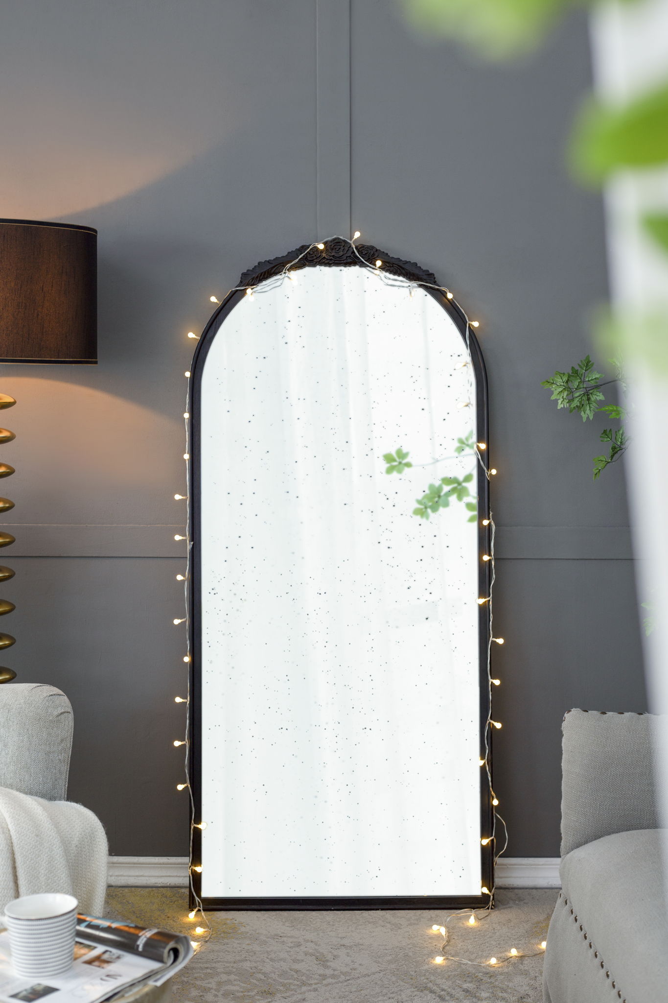 Hand Carved Rose Antique Mirror Frame, Wood Arch Mirror Wall Decor For Living Room