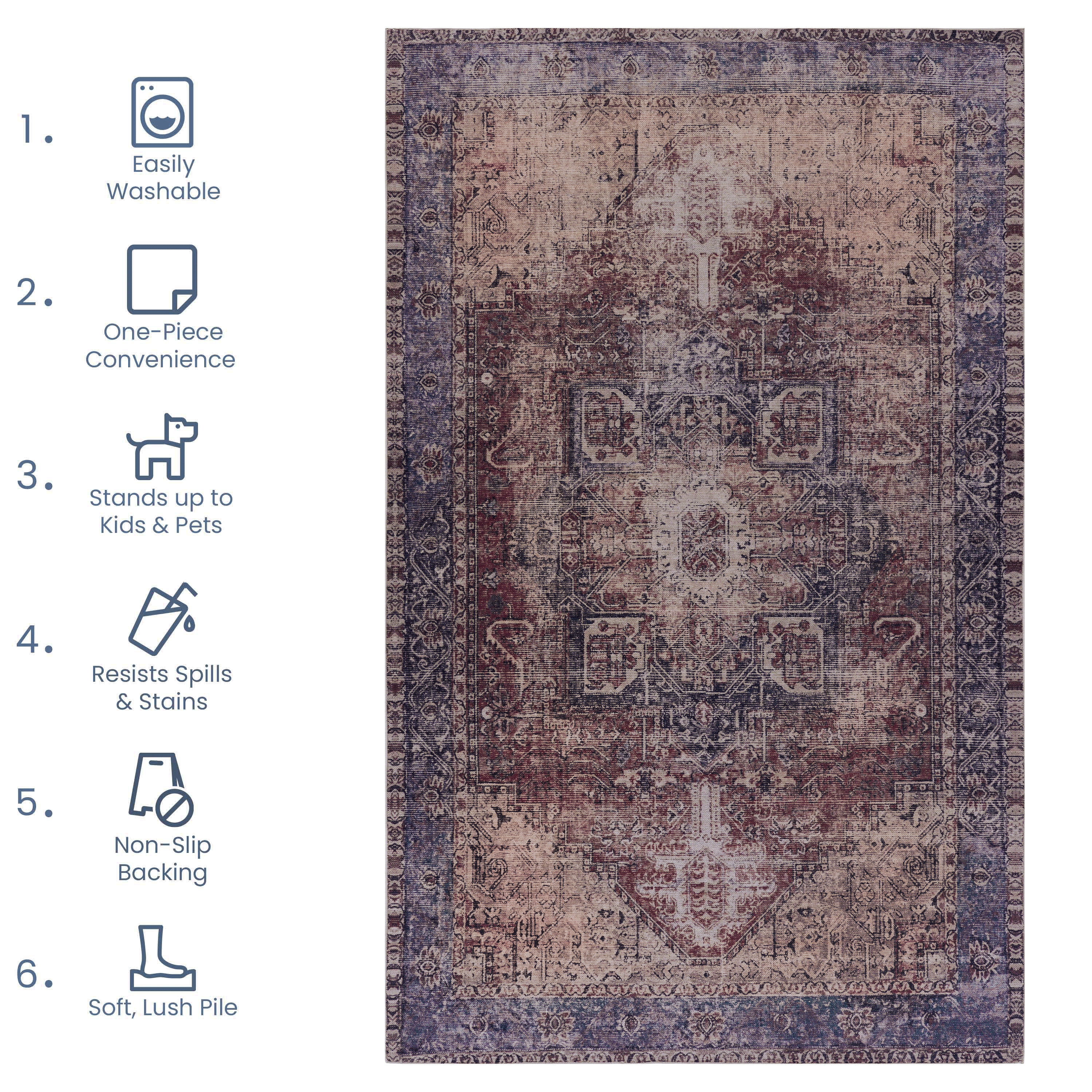 Area rug 3x5, washable rug, low-pile, non-slip, non-shedding, foldable, kid & pet friendly - area rugs for living room, bedroom, kitchen, dining room rug - perfect gifts, (burgundy, 3' x 5')