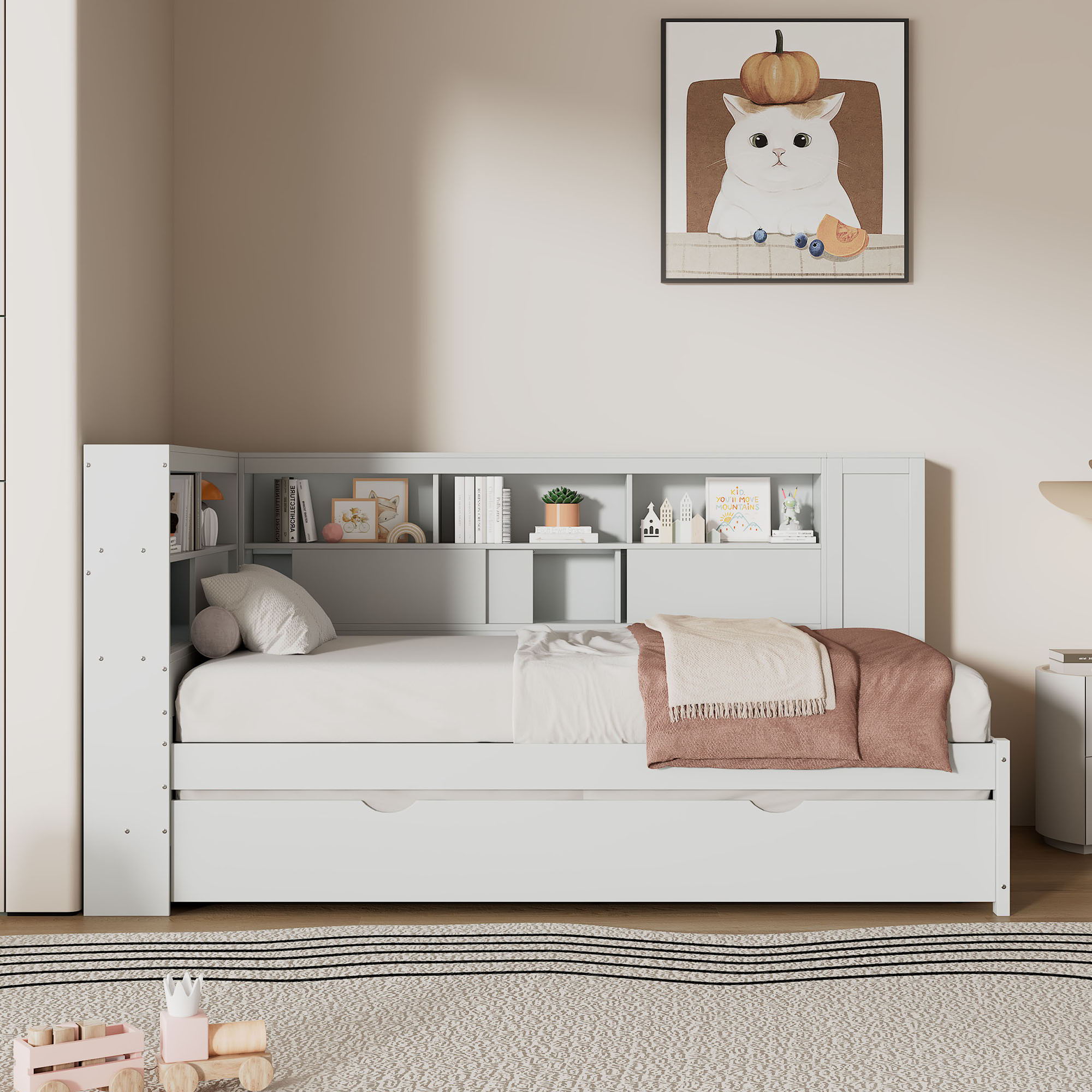 Daybed With Storage Shelves, USB Charging, And Trundle Bed