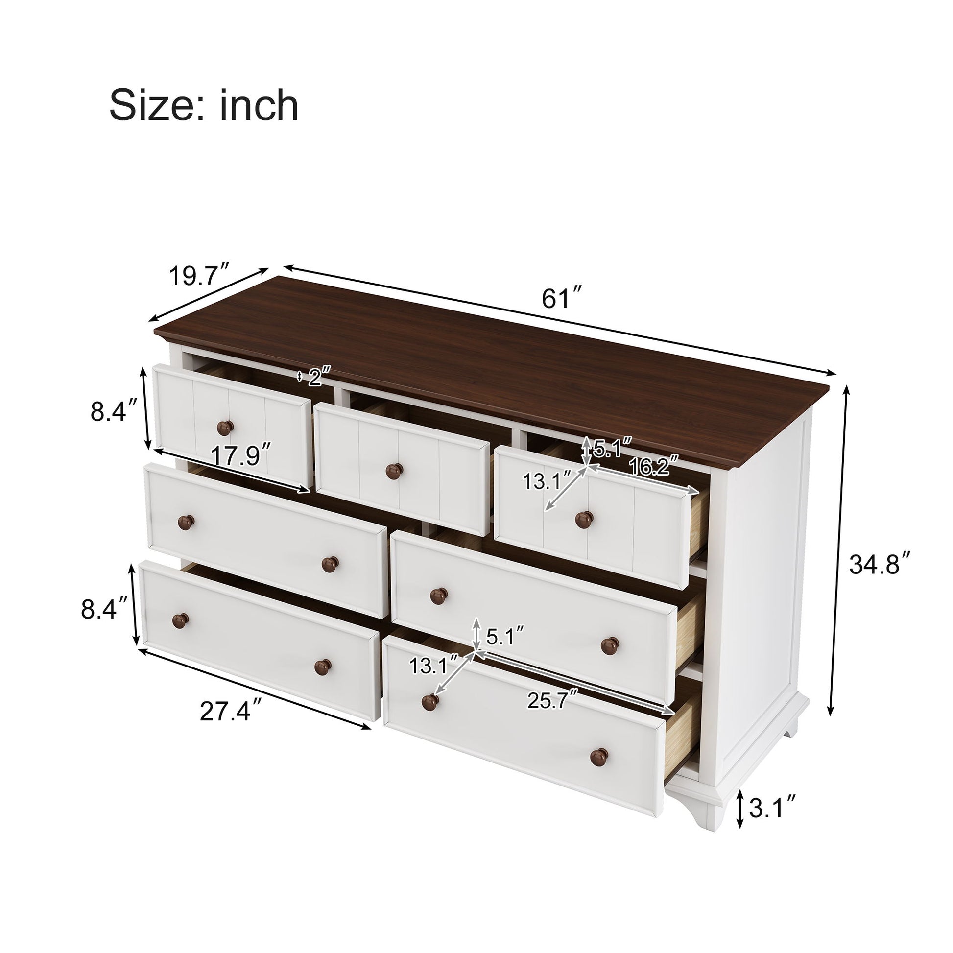 Wooden Captain Seven Drawer Dresser For Bedroom, Living Room, Kids' Room - White / Walnut - Best Buy Furniture