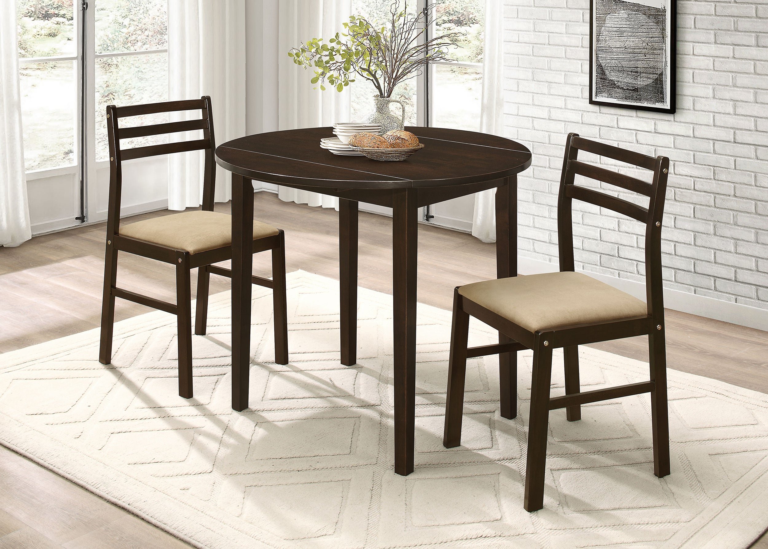 Bucknell 3-piece Round Drop Leaf Dining Table Set Cappuccino-CoasterEveryday