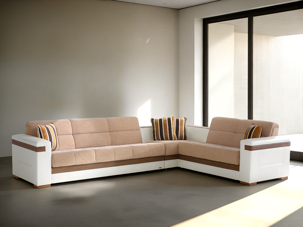 MOON 3-Piece Two-Tone Sleeper Sectional Sofa – 124” Wide, Reversible L-Shape, Beige and White, Modern Comfort & Versatility