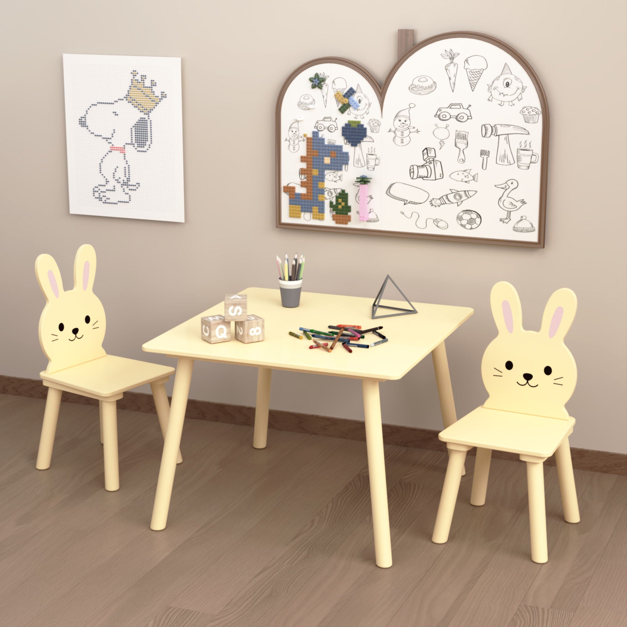 Table And Chair Set With 2 Bunny Chairs, Children's Activity Table For Toddlers, Cute Animal Design - Yellow