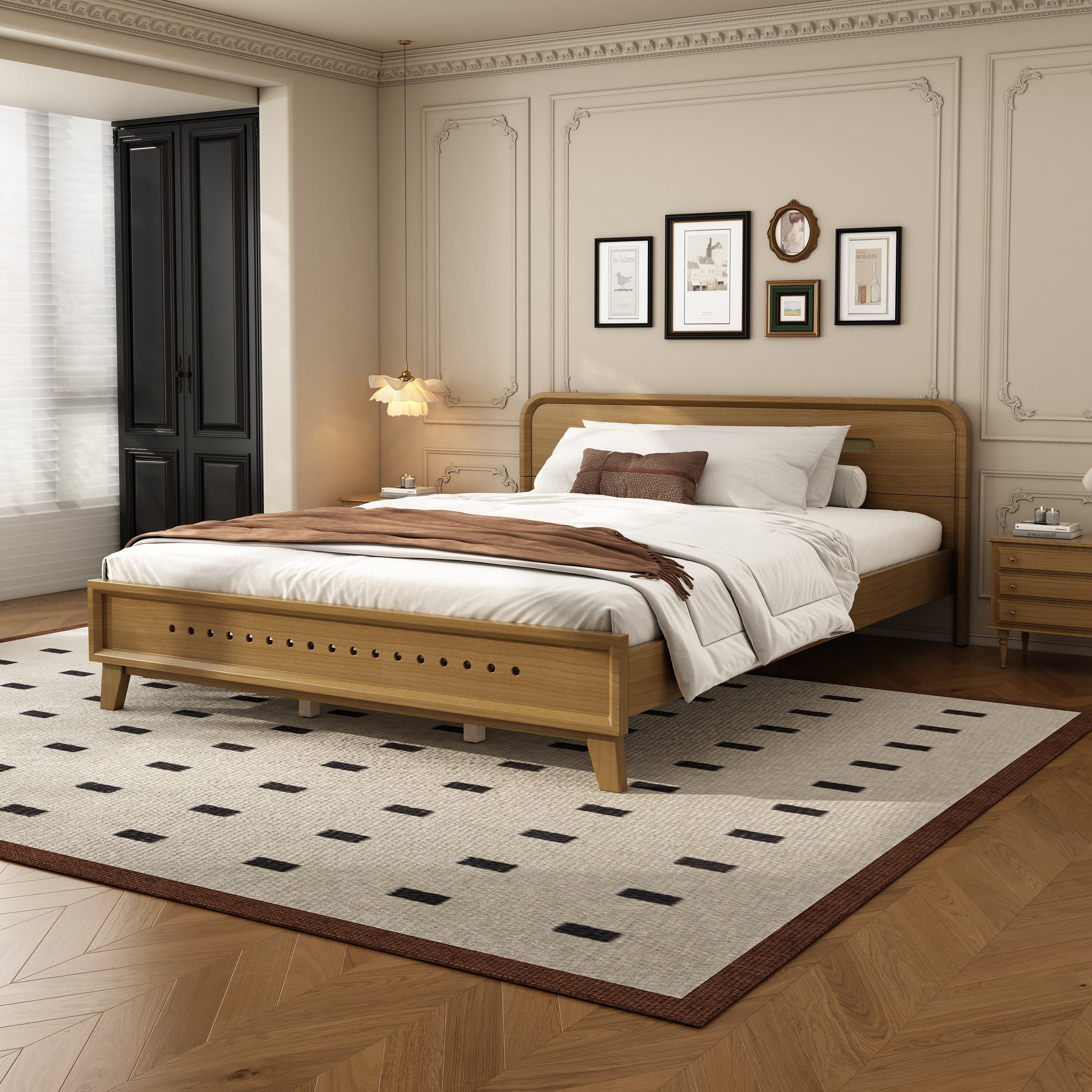 Pine Solid Wood Queen Size Bed, Rustic Yellow