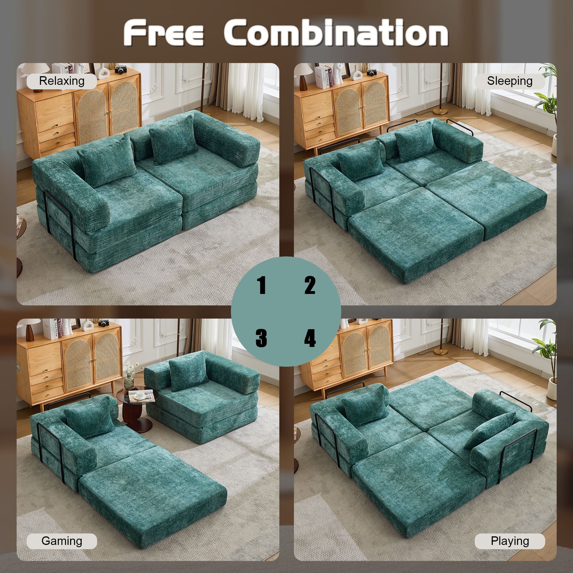 Convertible Floor Sofa Bed With Fixed Shape Frame, Loveseats Boneless Modular Sectional, For Living Room - Dark Green