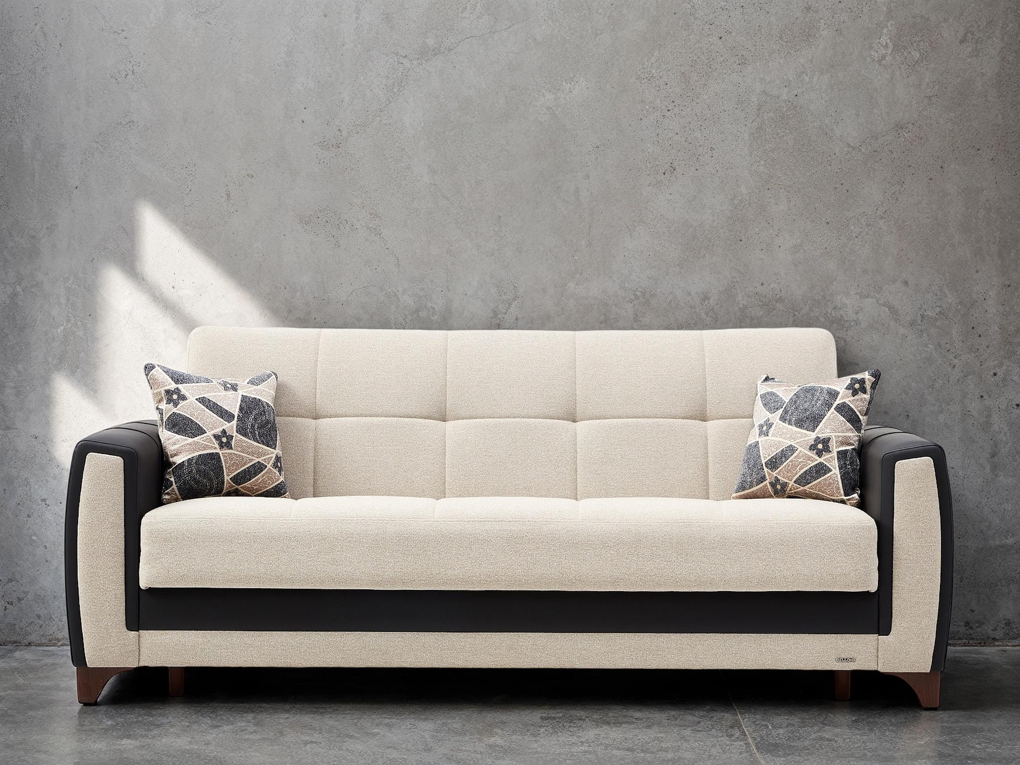 Dublin 93" Wide Sofa Bed with Storage – Two-Tone Black Leather & Beige Upholstery