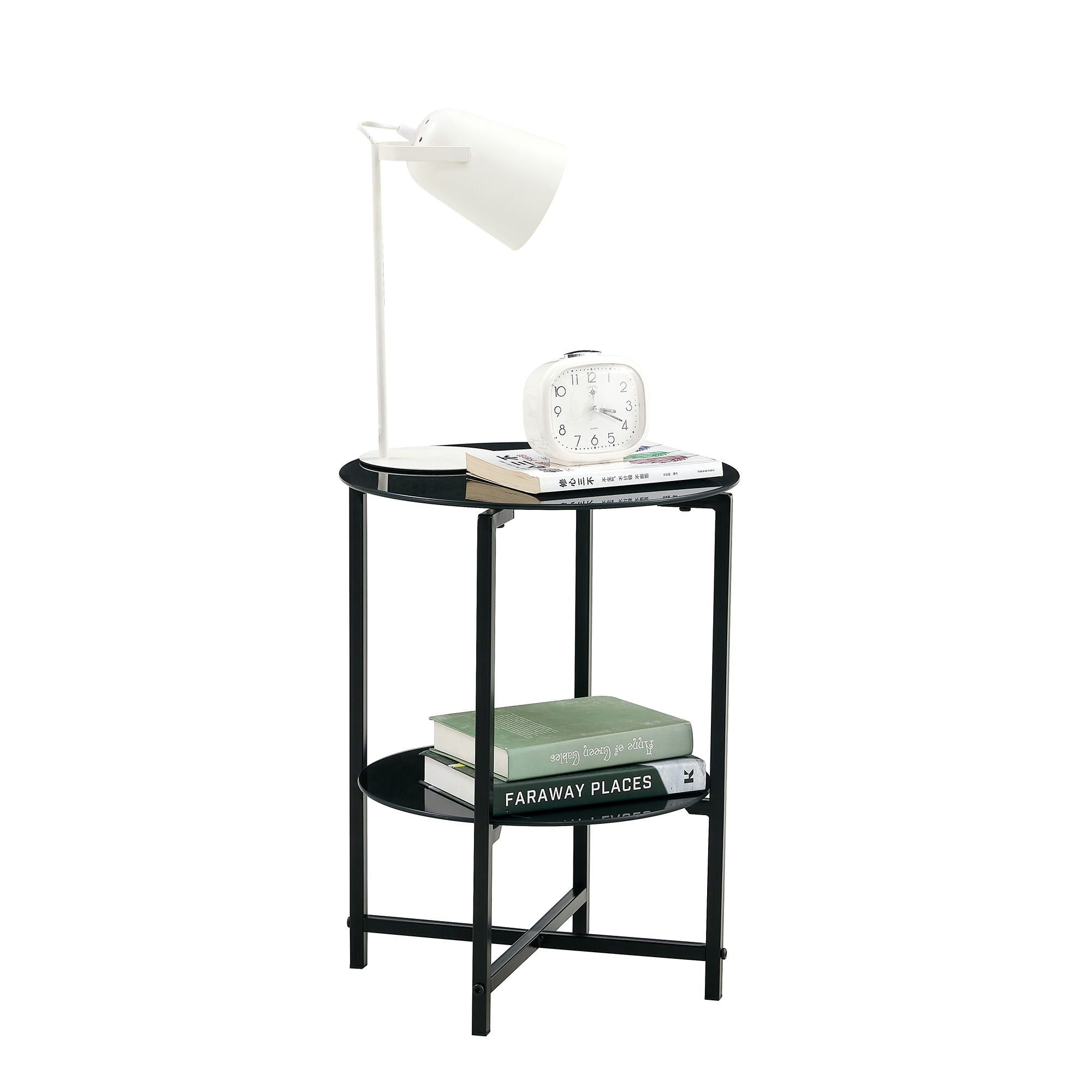JWS Tempered Glass End Table (Set of 2), Round Coffee Table For Bedroom Living Room Office - Black
