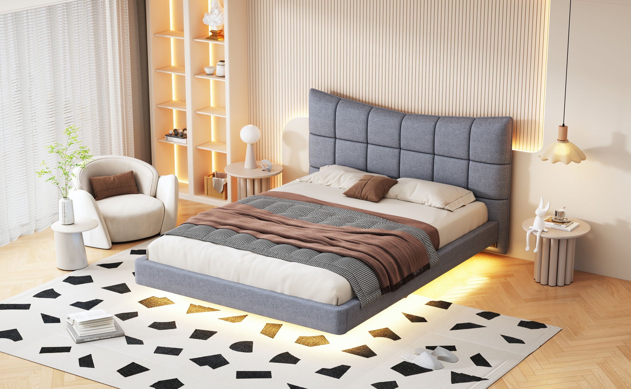 Full Size Upholstered Platform Bed With LED Lights, USB Ports And Outlets - Gray