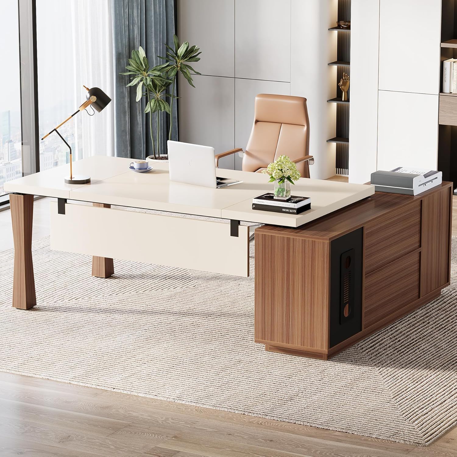 L-Shaped Executive Desk With Storage Cabinet, Home Office Workstation With Shelves - White / Walnut