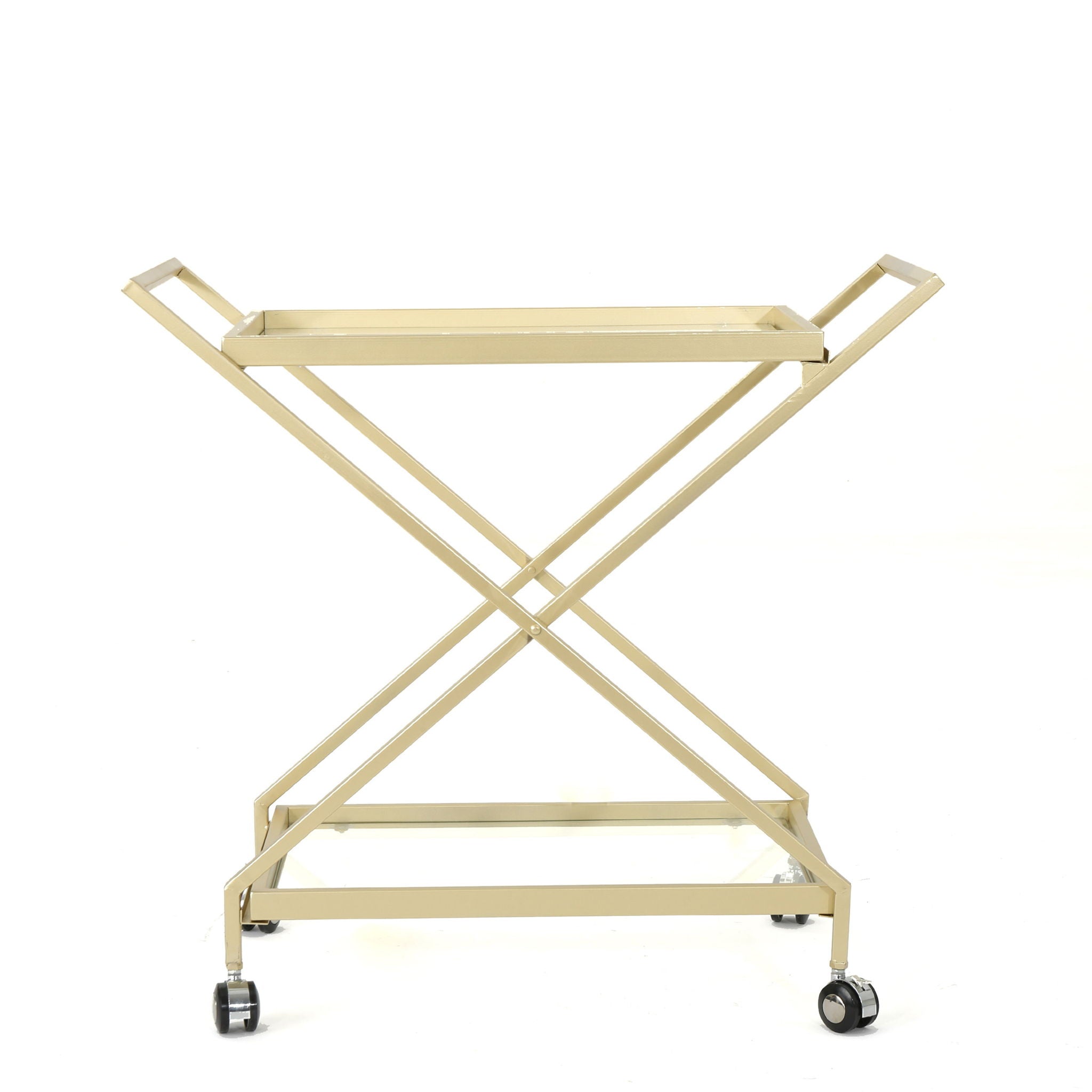 Sherianne Industrial Bar Cart with Tempered Glass Shelves and Swivel Wheels - Gold