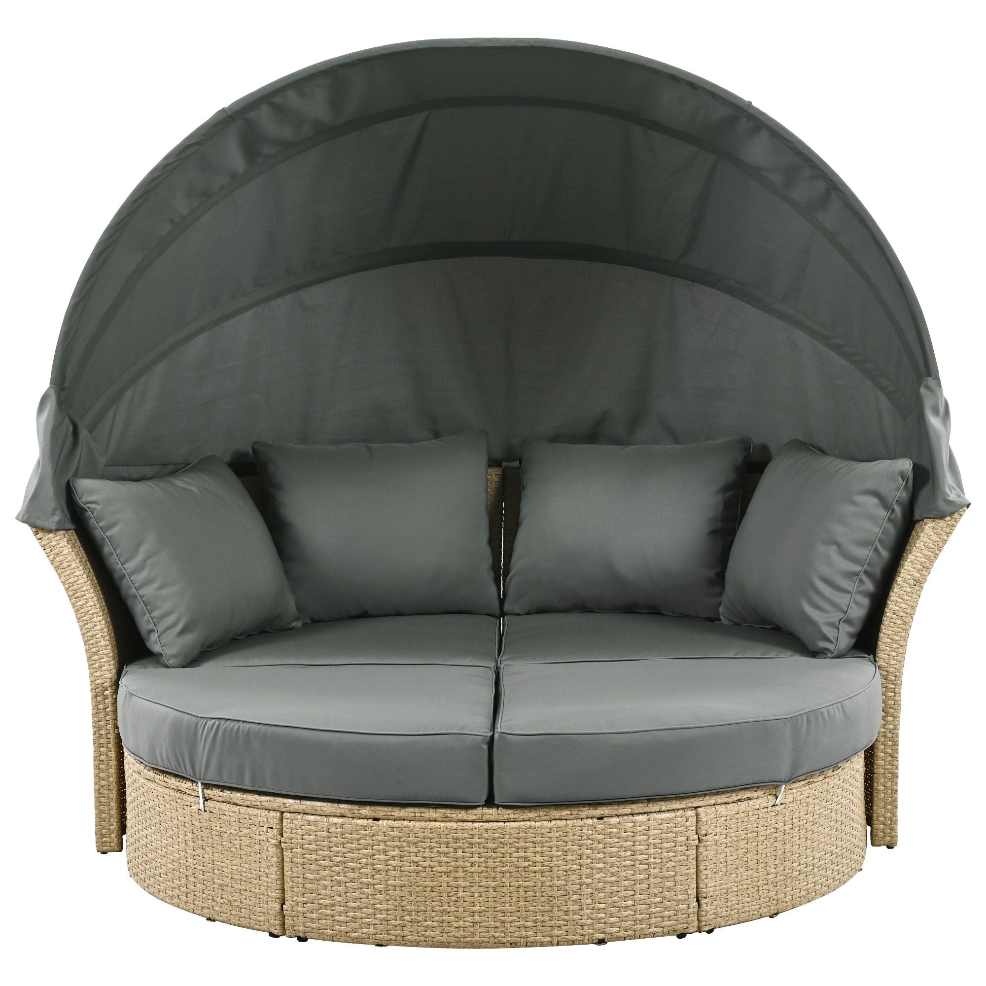 Outdoor Patio Daybed Wicker Rattan Double Daybed Round Sofa Furniture Set With Retractable Canopy, 4 Pillows For Lawn Garden