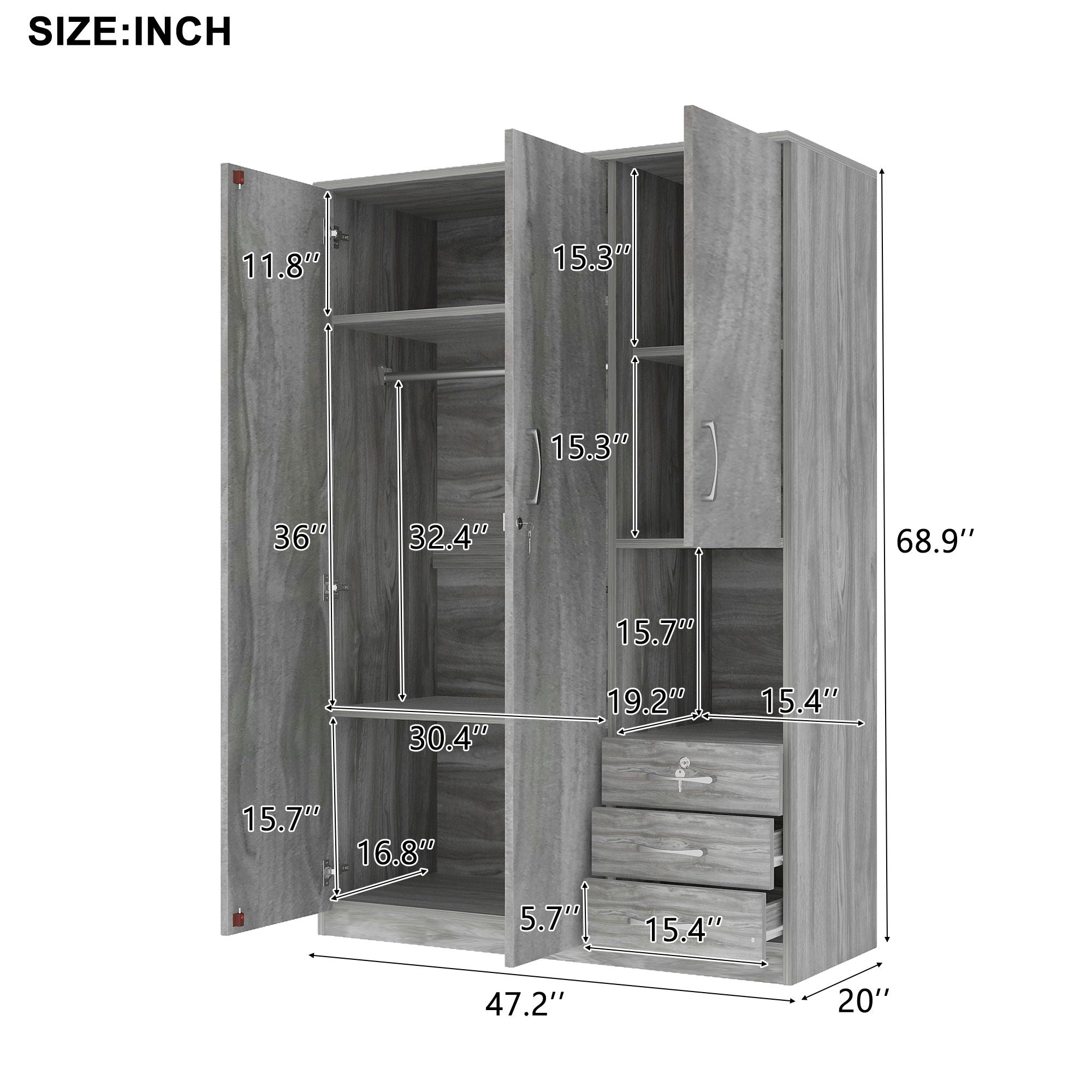 2 Doors Wardrobe Storage For Bedroom With Shelves And 3 Drawers